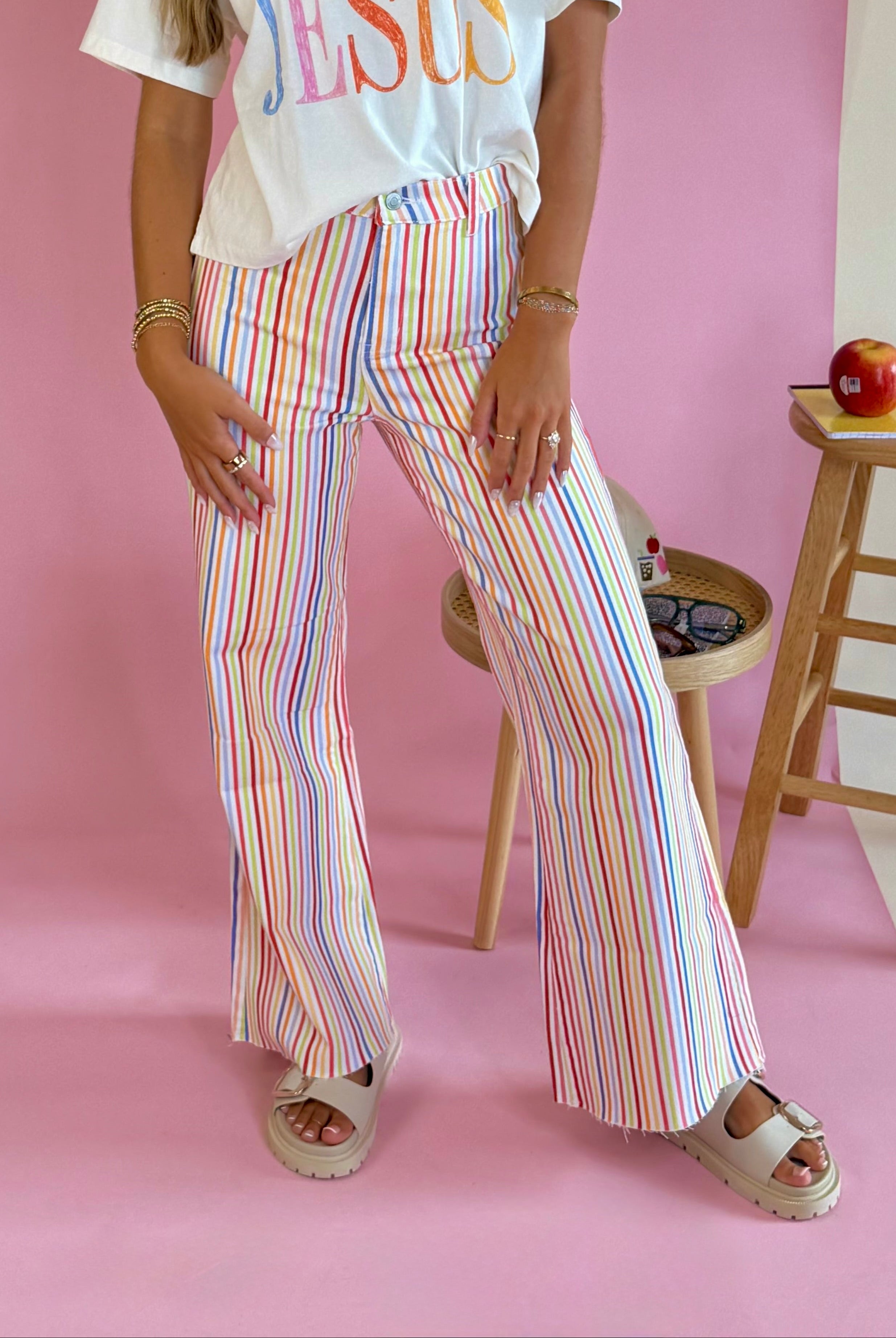 Striped pants, Rainbow pants, flare pants, teacher friendly bottoms, back to school attire, teacher outfit inspo