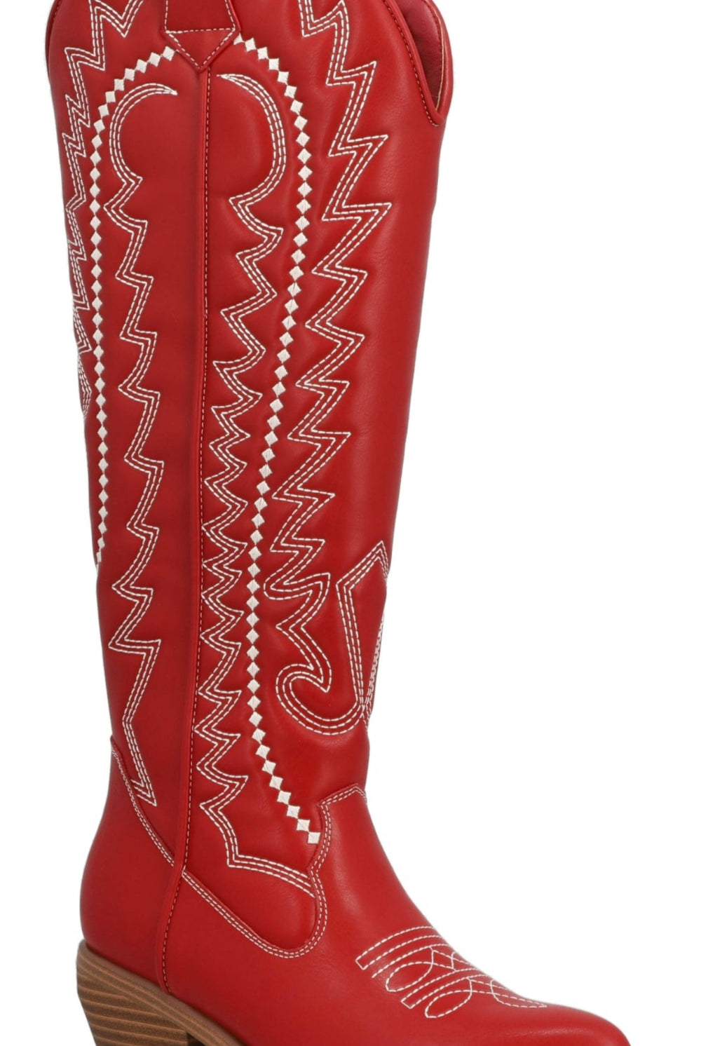 Red cowboy boot with white stitching on a white background, western, rodeo, cowgirl boot, red boot