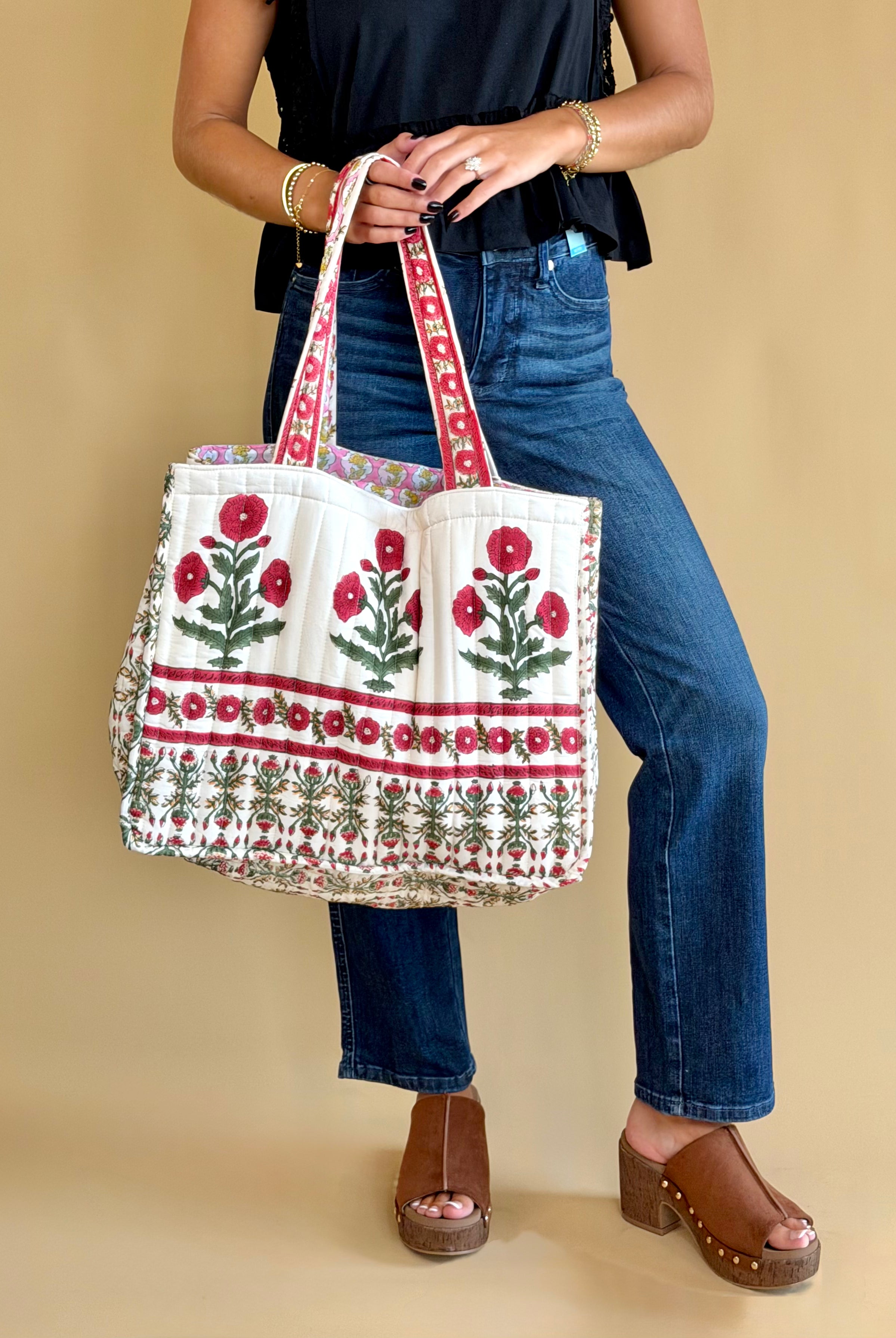 Tote bag, purses, accessories, POL bag, flower print bags, large tote, green and red flower print