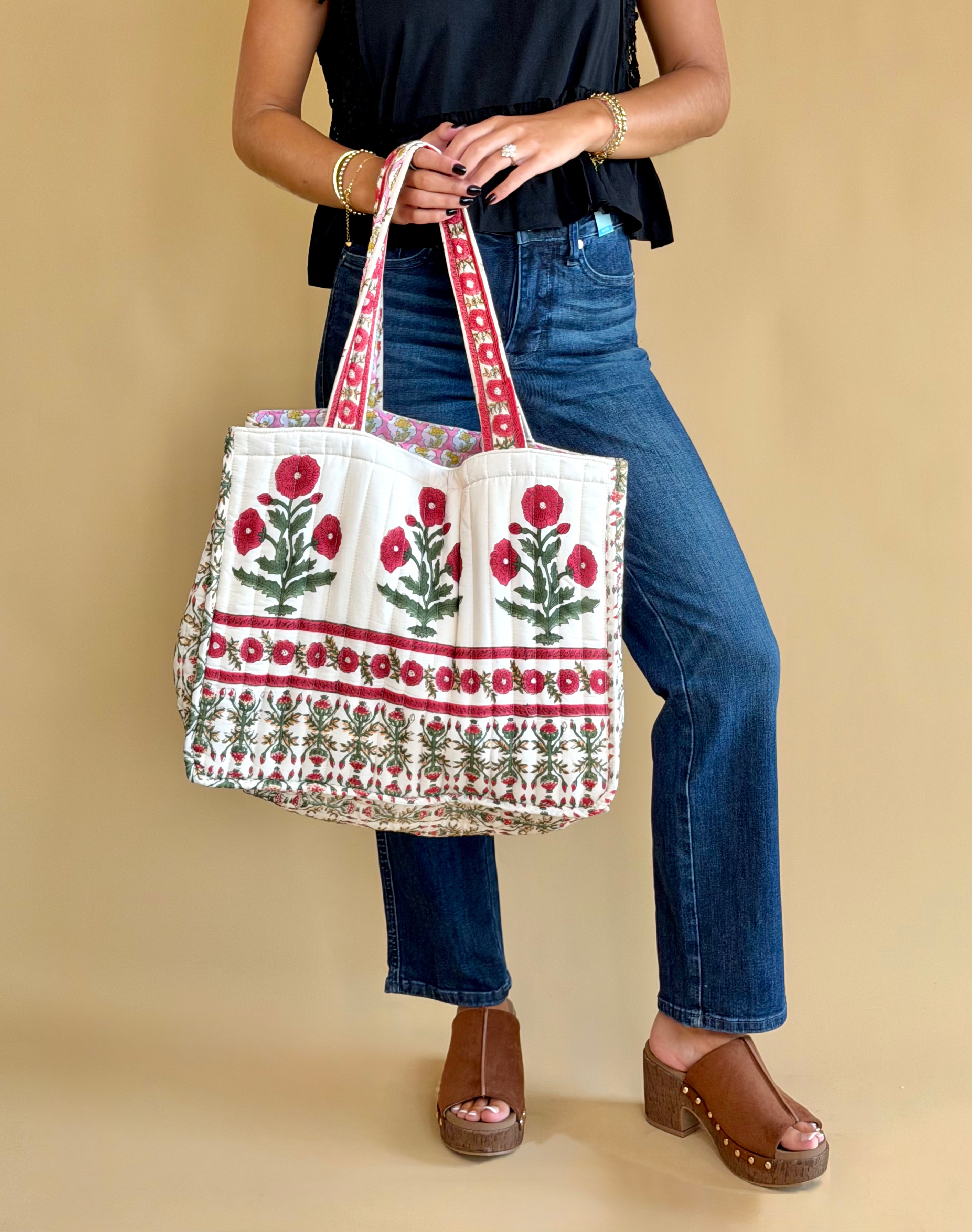 Tote bag, purses, accessories, POL bag, flower print bags, large tote, green and red flower print