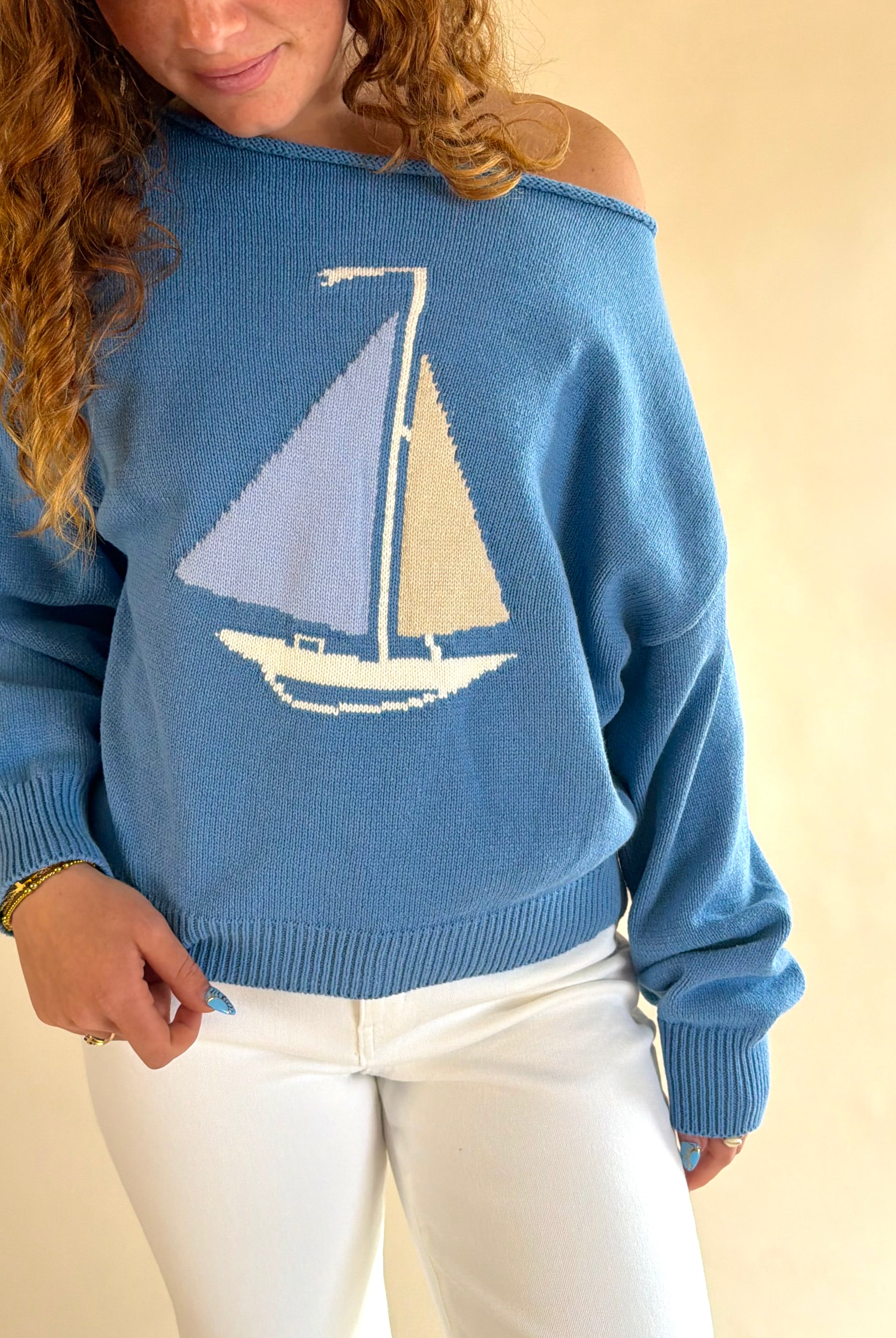 blue sweater, sailboat sweater, summer sweater, beach sweater, summer clothe, fun clothe, boutique, boutique fashion, southern Maryland, SOMD