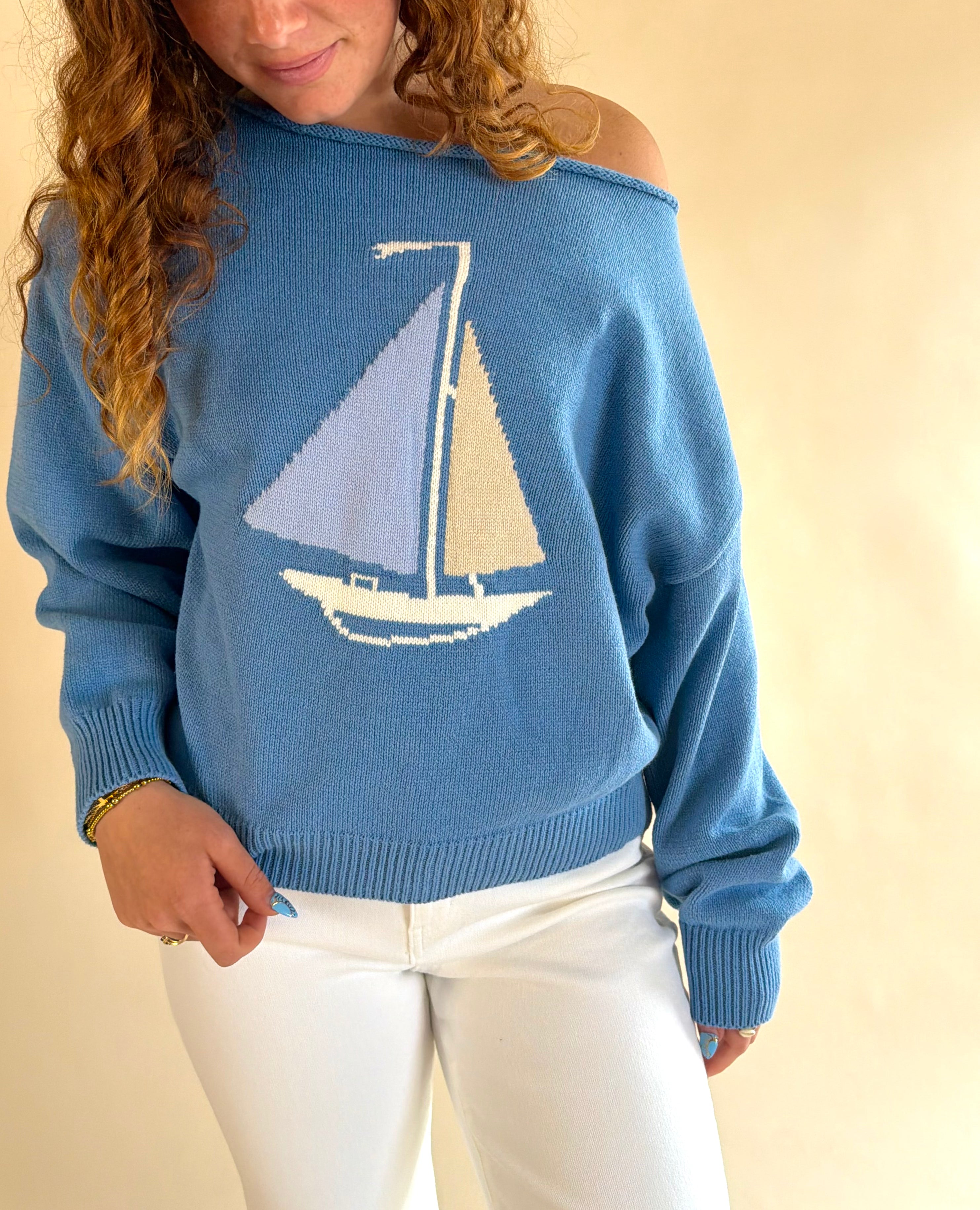 blue sweater, sailboat sweater, summer sweater, beach sweater, summer clothe, fun clothe, boutique, boutique fashion, southern Maryland, SOMD