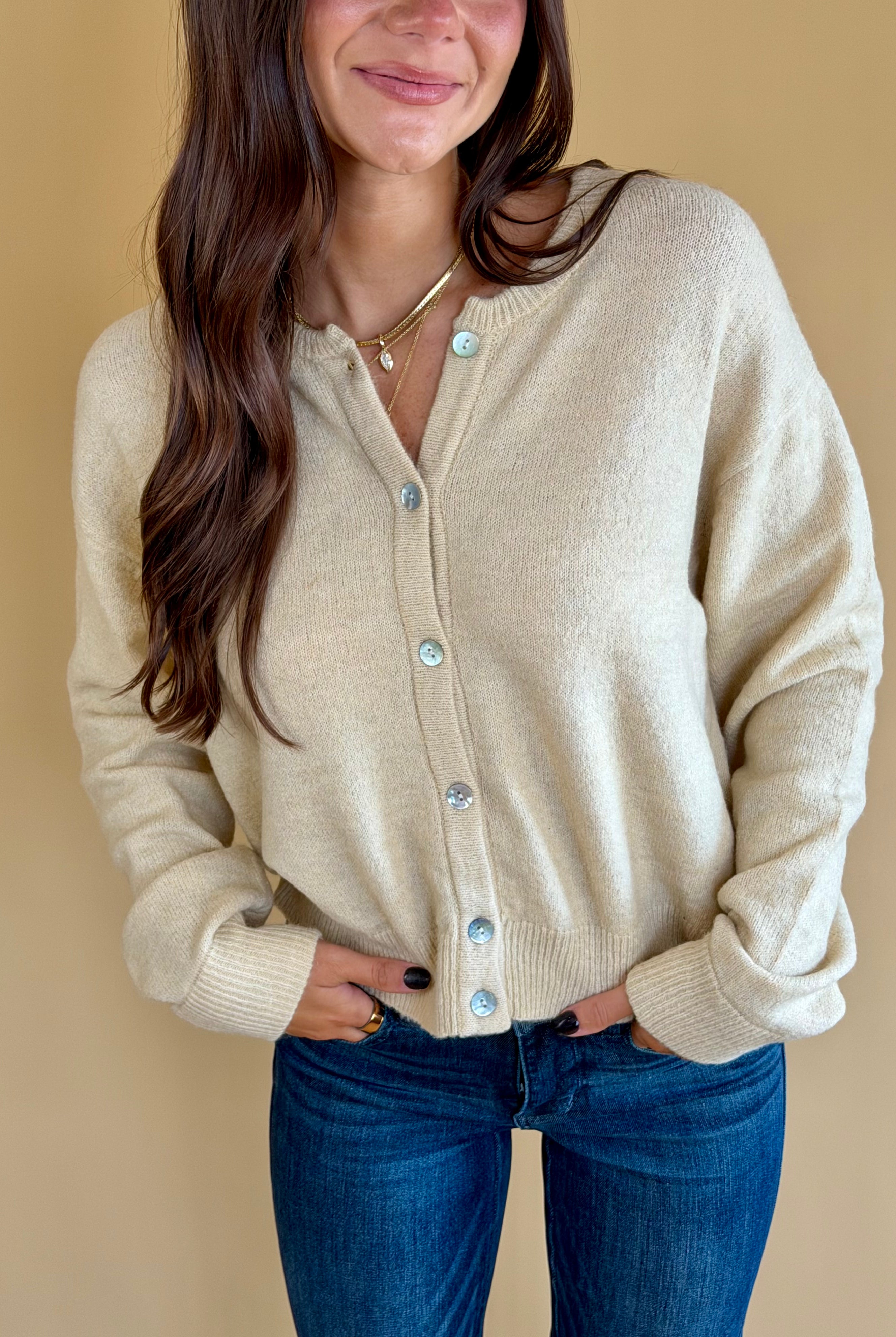 Neutral sweater, buttoned sweater, layering piece, light colored cardigan, fall fashion, everyday wear, back to school