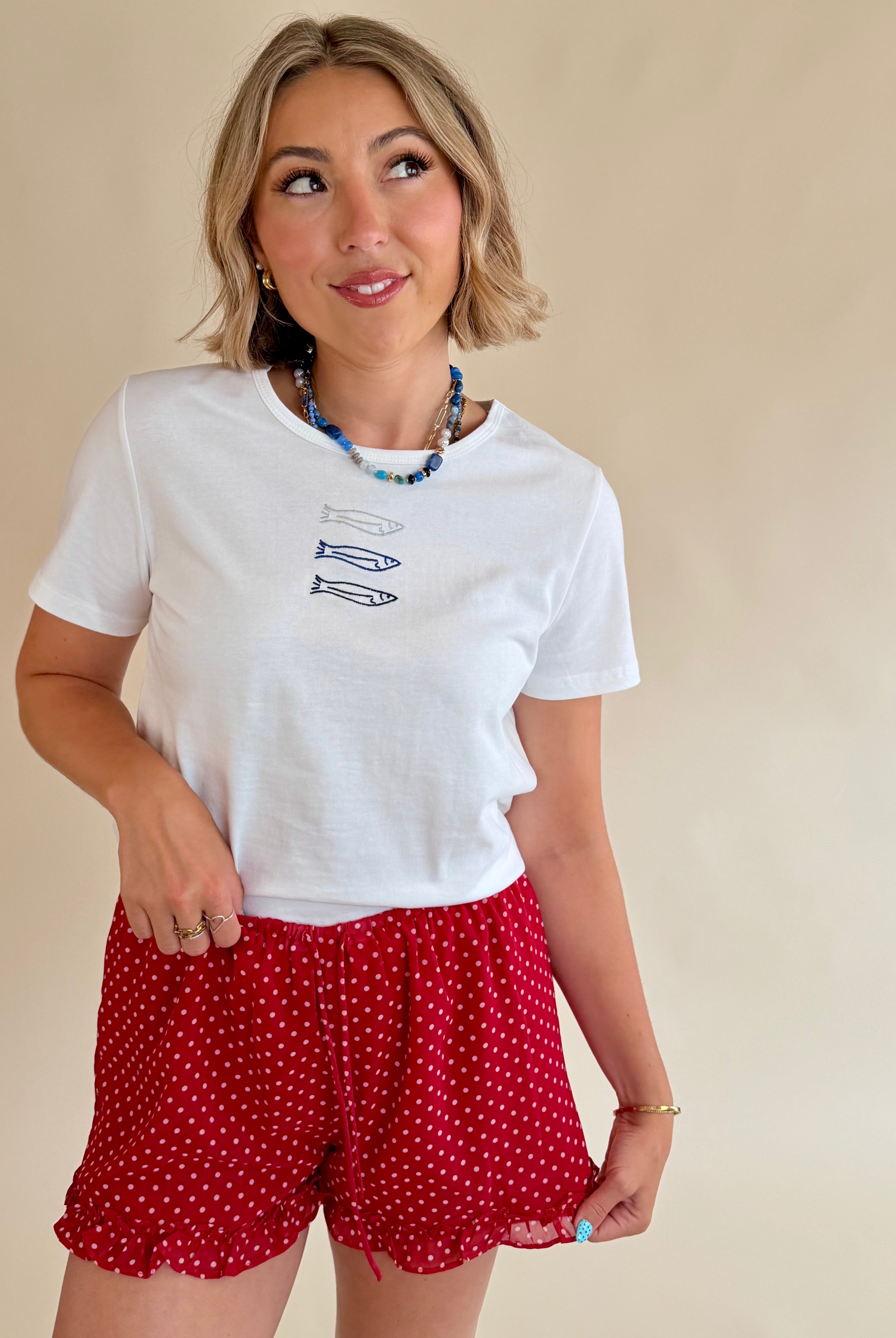 Blue and white tee, fish detail, basic tee, summer wear, sardine tee