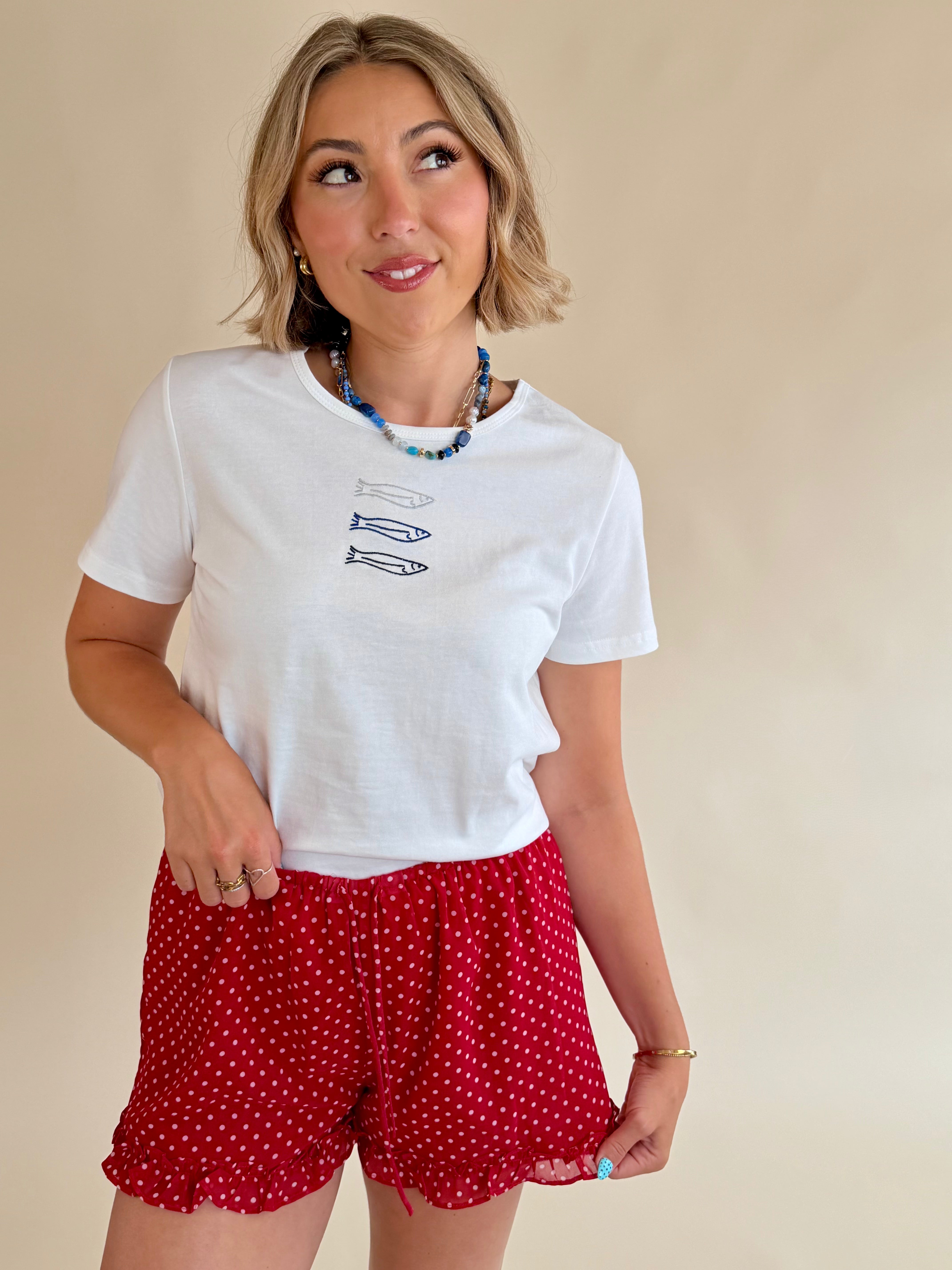 Blue and white tee, fish detail, basic tee, summer wear, sardine tee