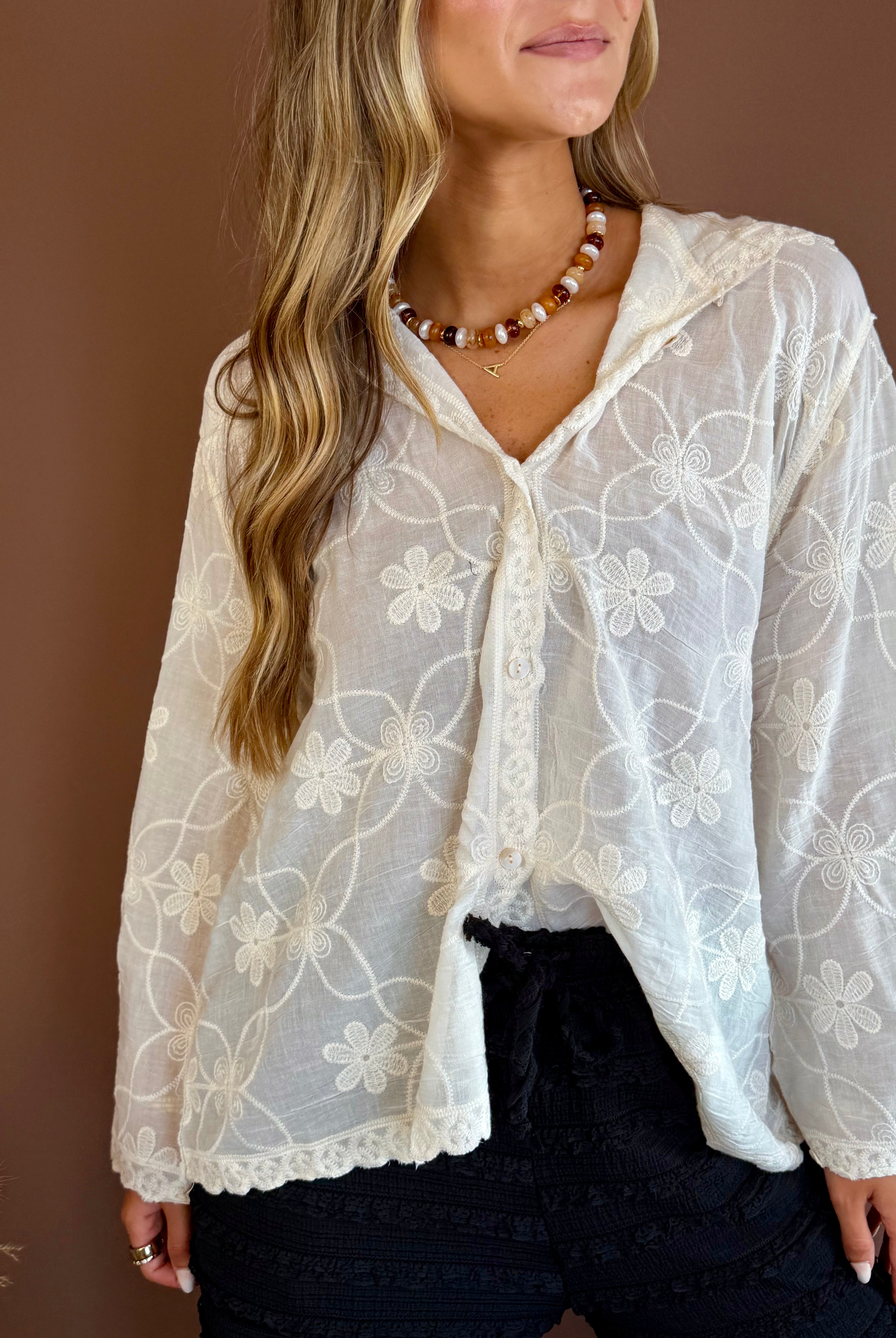 sheer flower hoodie, POL hoodie, cover up, flower hoodie, white hoodie, white cover up, sheer white top, flower top