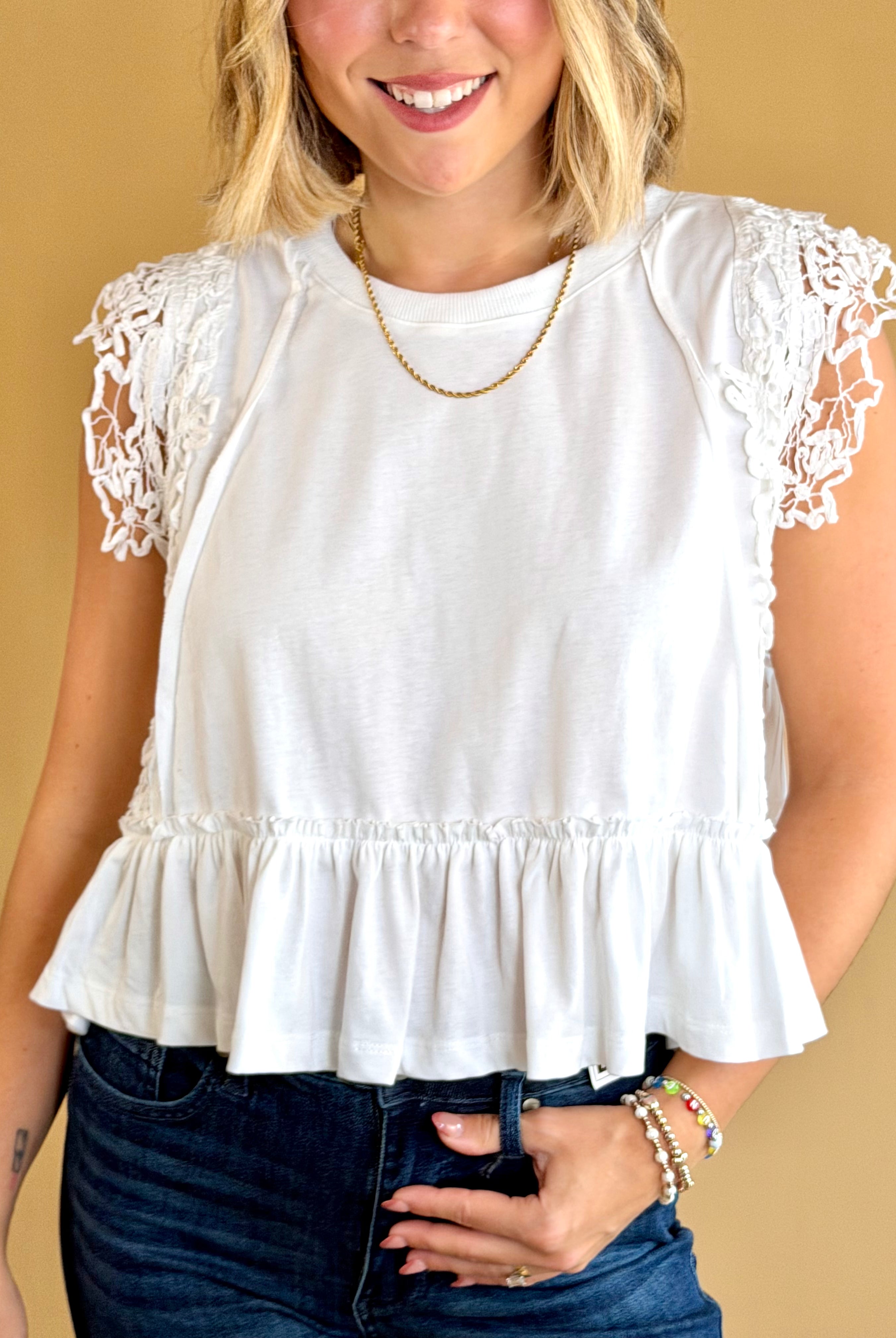 White lace top, ruffle bottom, white lace trim, work attire, business casual, fashionable work attire, everyday basic