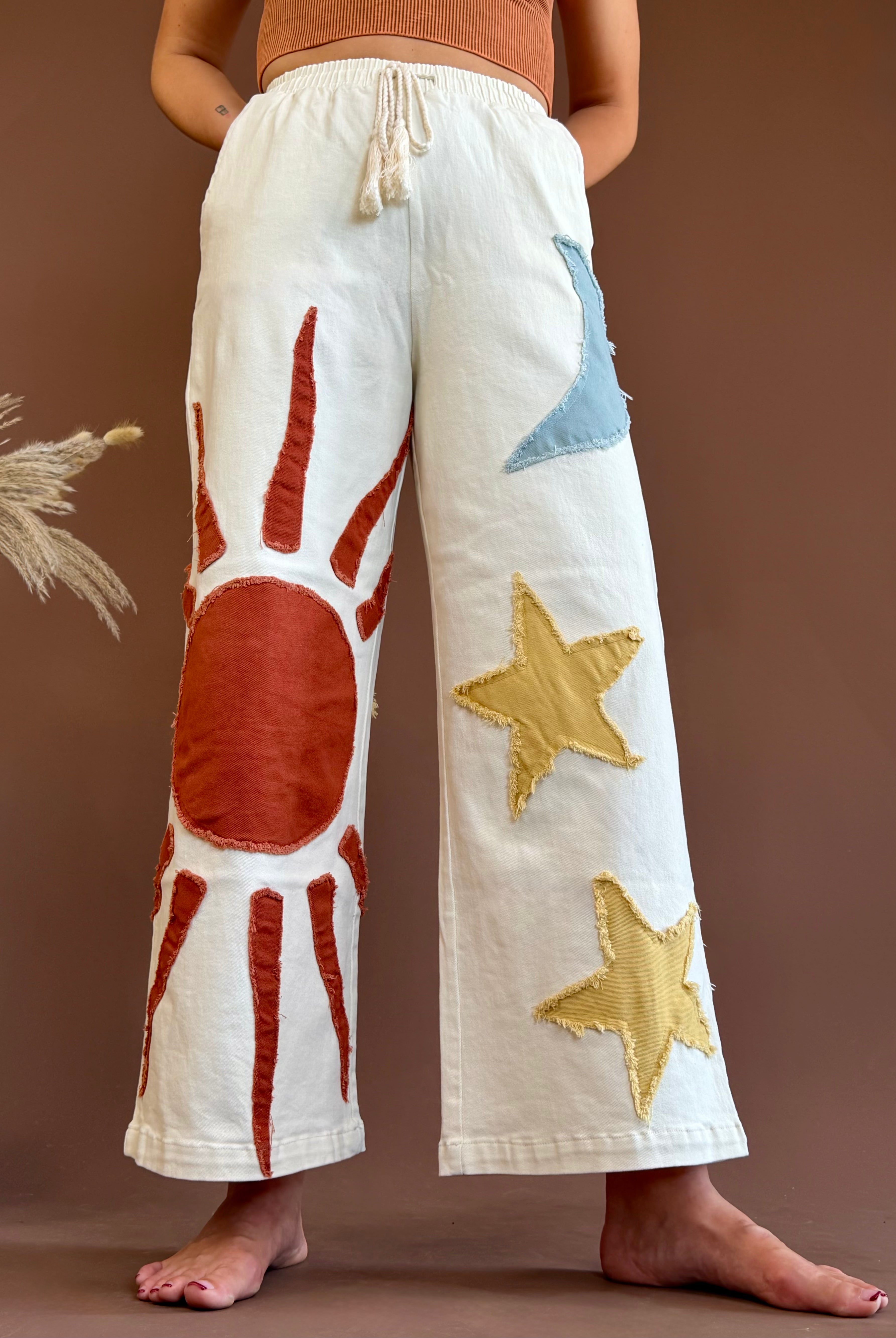 Sun pant, moon and star pant, wide leg pant, drawstring pant, linen pant, patchwork pant