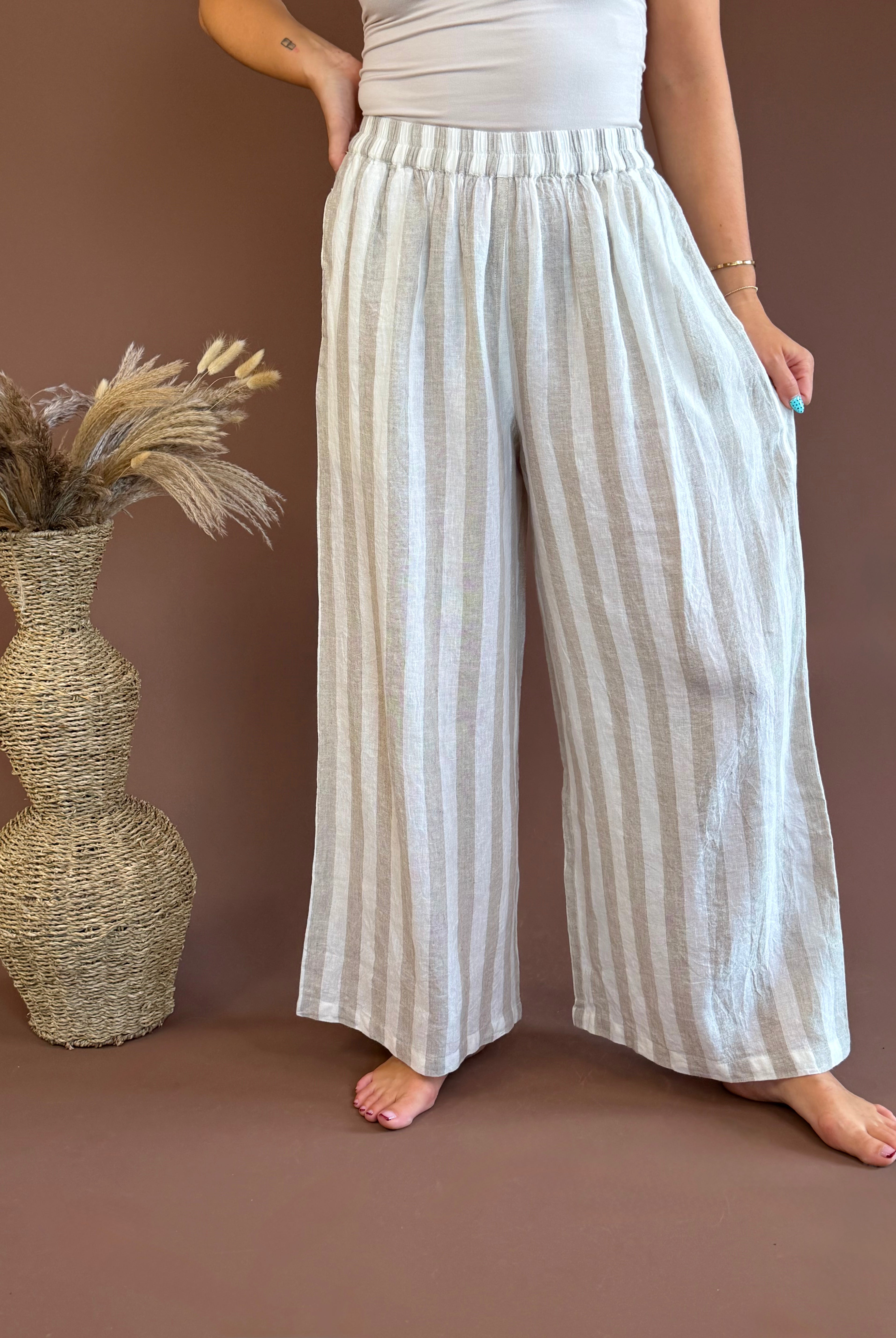 striped linen pants, linen pants, striped pants, neutral pants, neutral sets, linen sets