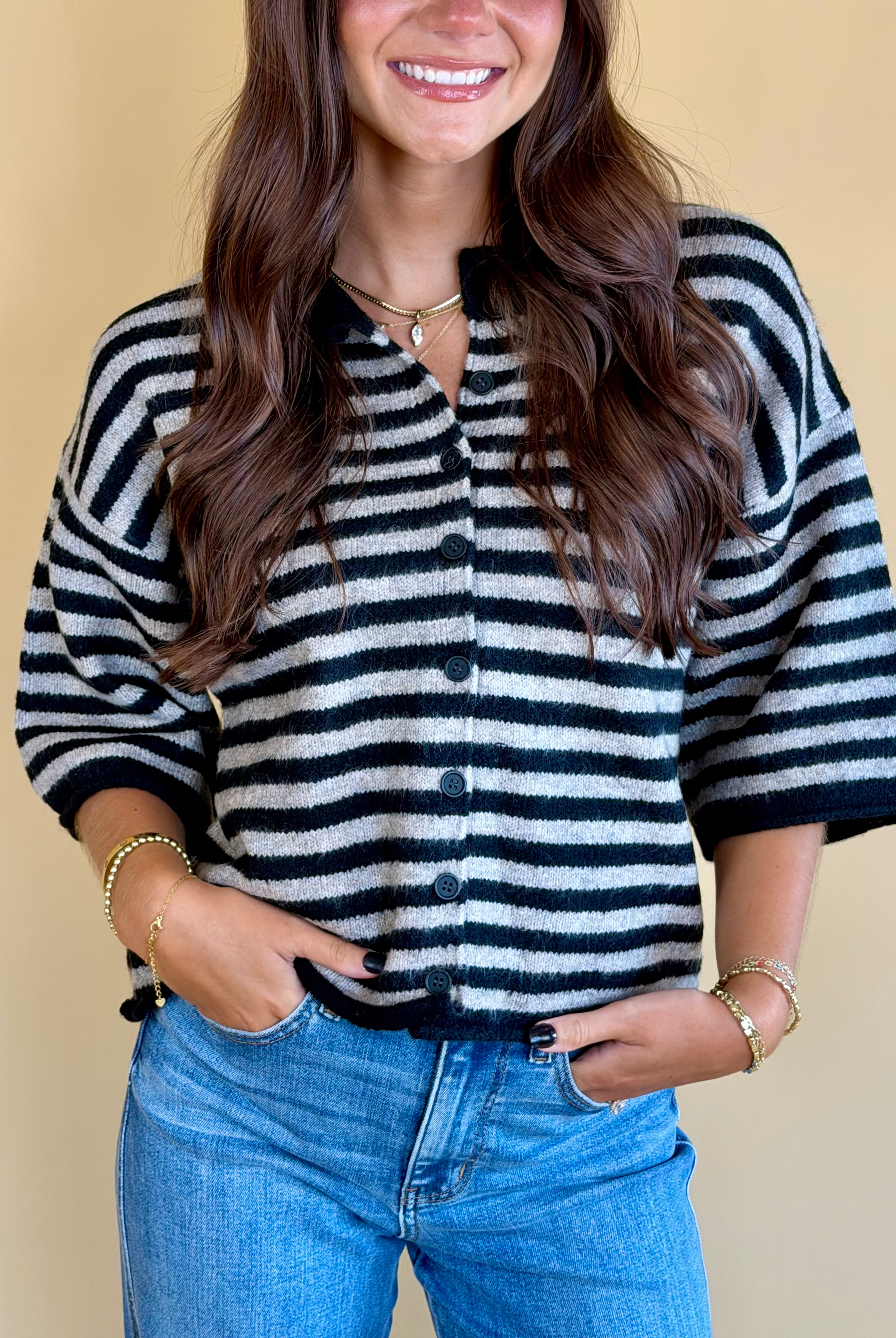 Black striped sweater, short sleeve sweater, quarter sleeve cardigan, buttoned cardigan, black and grey, black and taupe, striped fashion, back to school