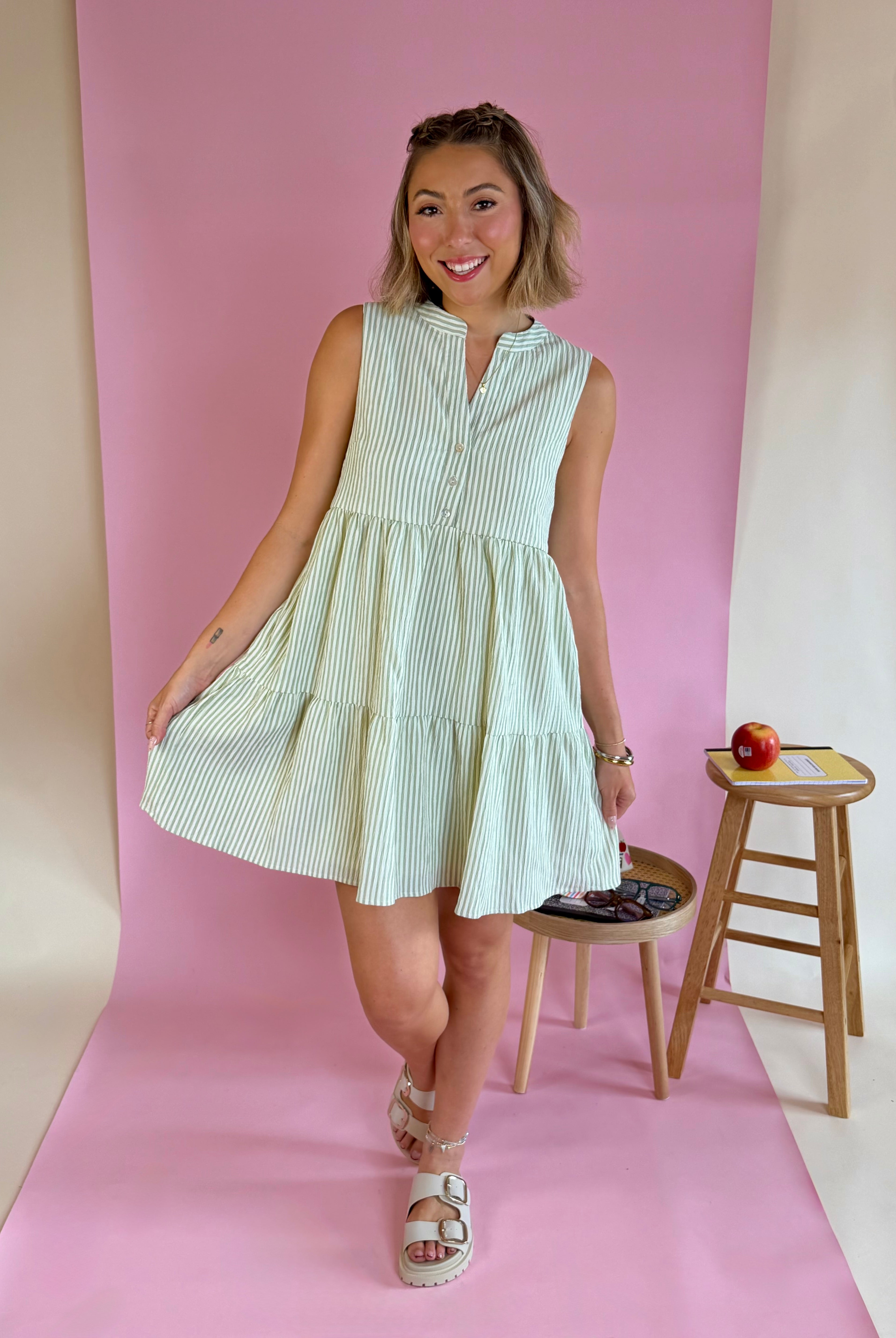 Green Mini Dress, Teacher Friendly, Striped Dress, Trendy dresses, Button Up Dress, Green and White Dress