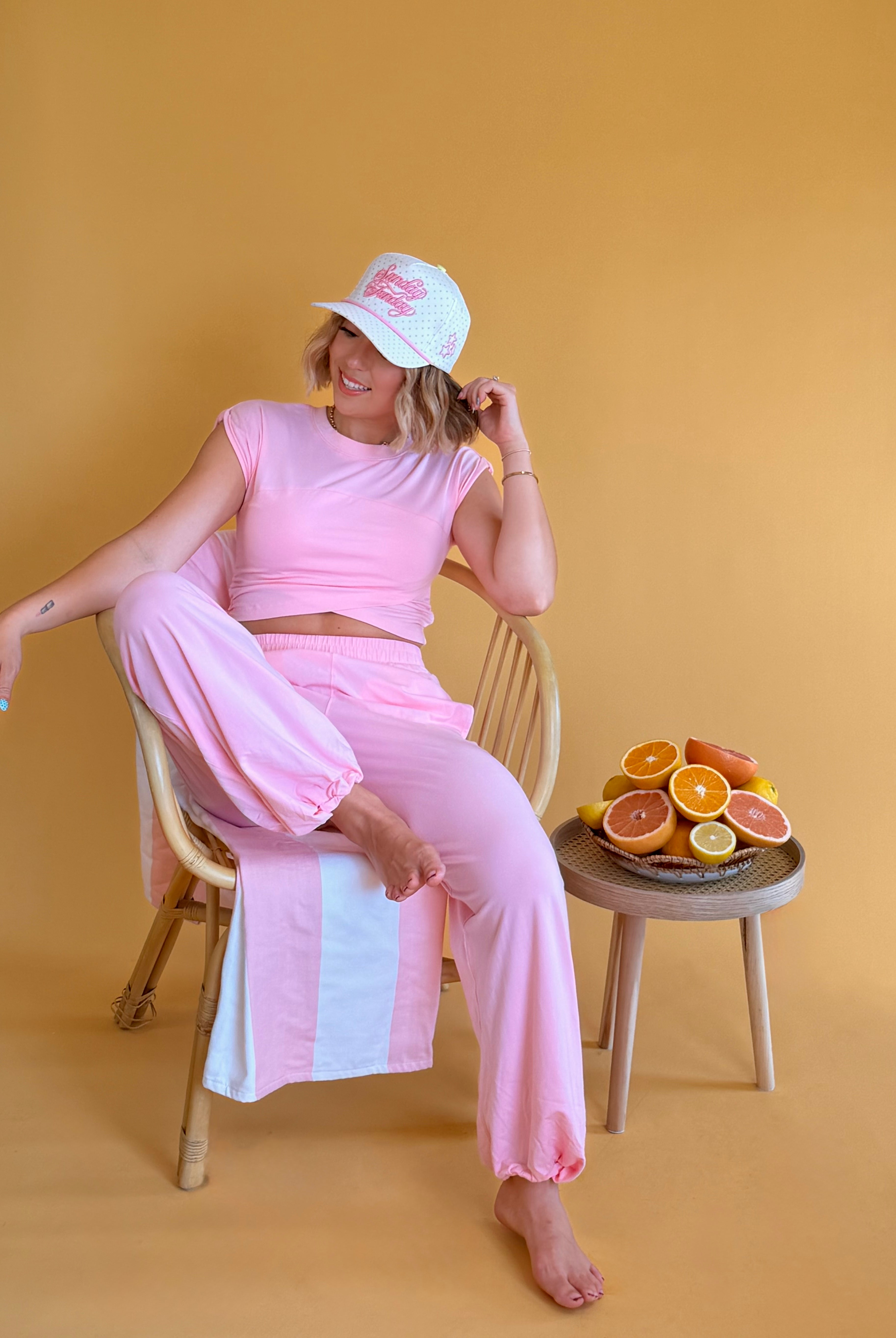 baby pink, comfy set, comfortable, summer outfit, summer, vacation, vacay outfit, travel outfit set, airplane outfit, set, pants and top set, round neck, elastic waist, girly, cute