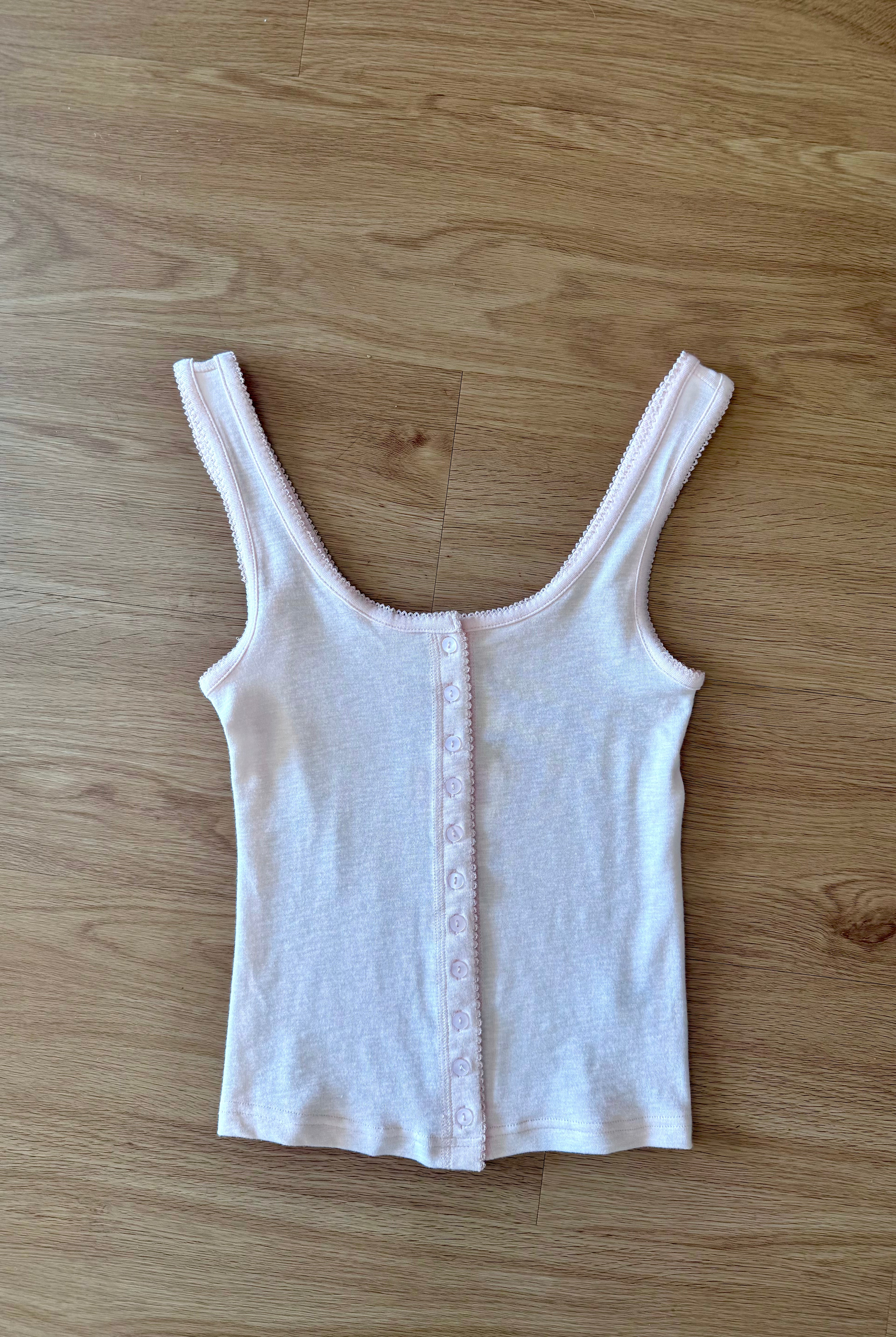 henley tank, button detail, tank top, full length, baby pink, girly, feminine, cute, summer top, summer, vacation, vacay outfit