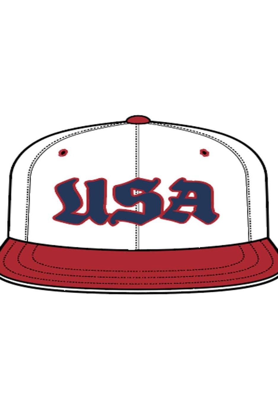 Baseball cap with 'USA' text on a white background, red brim, USA, snapback, graffiti font, red white and blue