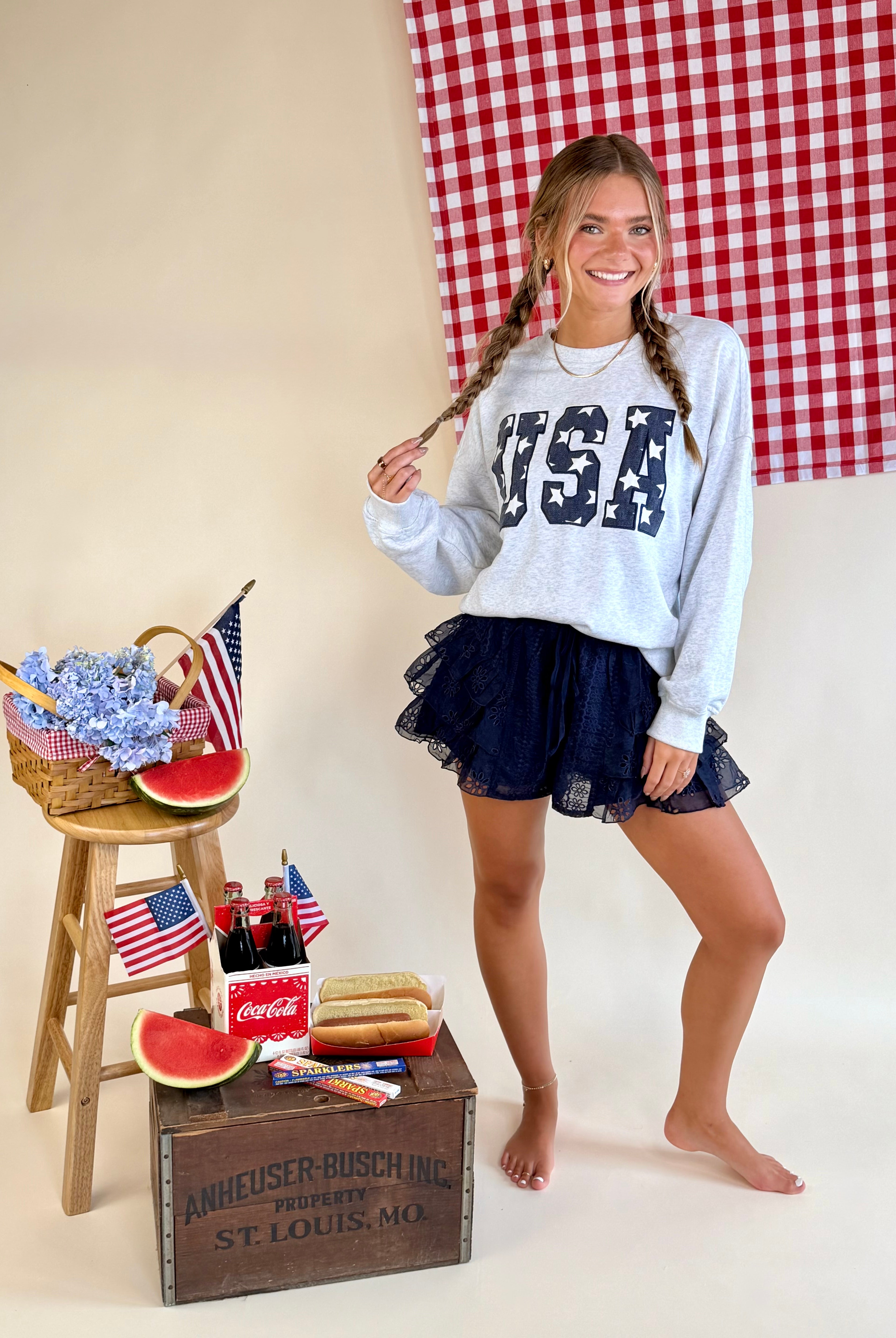 USA Embroidery, Denim Patchwork, 4th of July, Crewneck, Sweatshirt, Girly, Stars, America