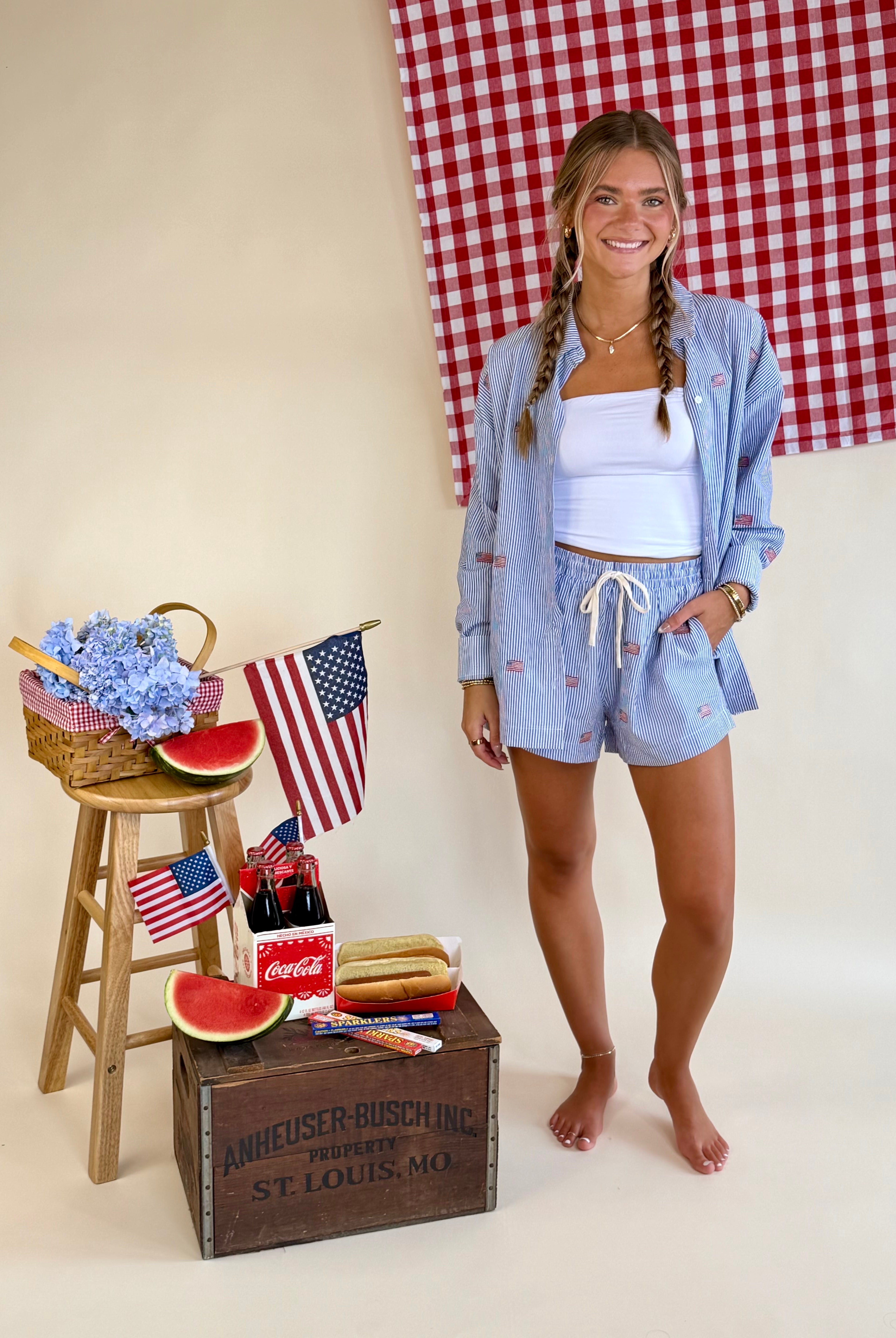 USA Embroidery, American Flag, 4th of July, Pinstripe, Button Down, America