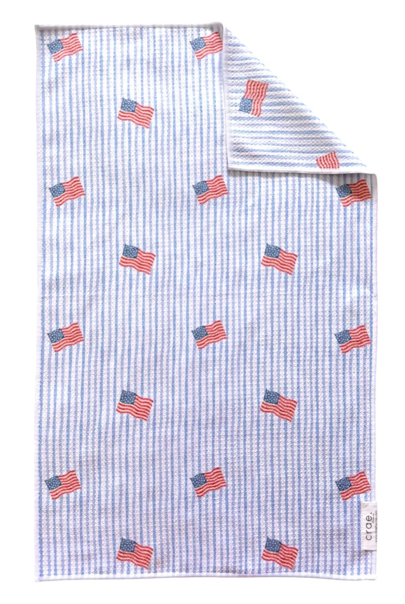 hand towel with small American flag pattern on blue and white striped pattern, double sided towel, kitchen towel