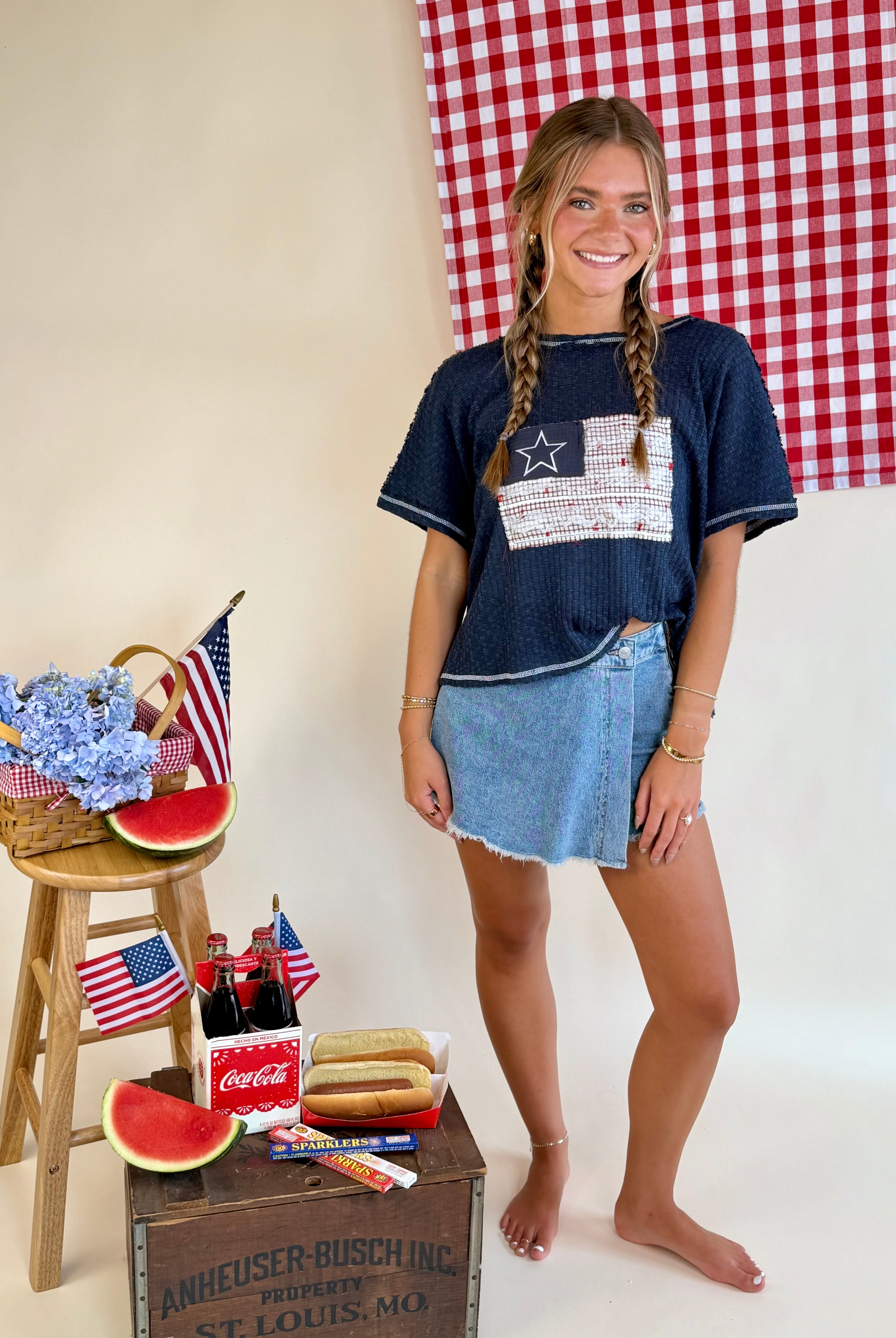 American Flag, Vintage, USA, 4th of July, POL, Open Back, Embroidery, Coquette, Navy Blue