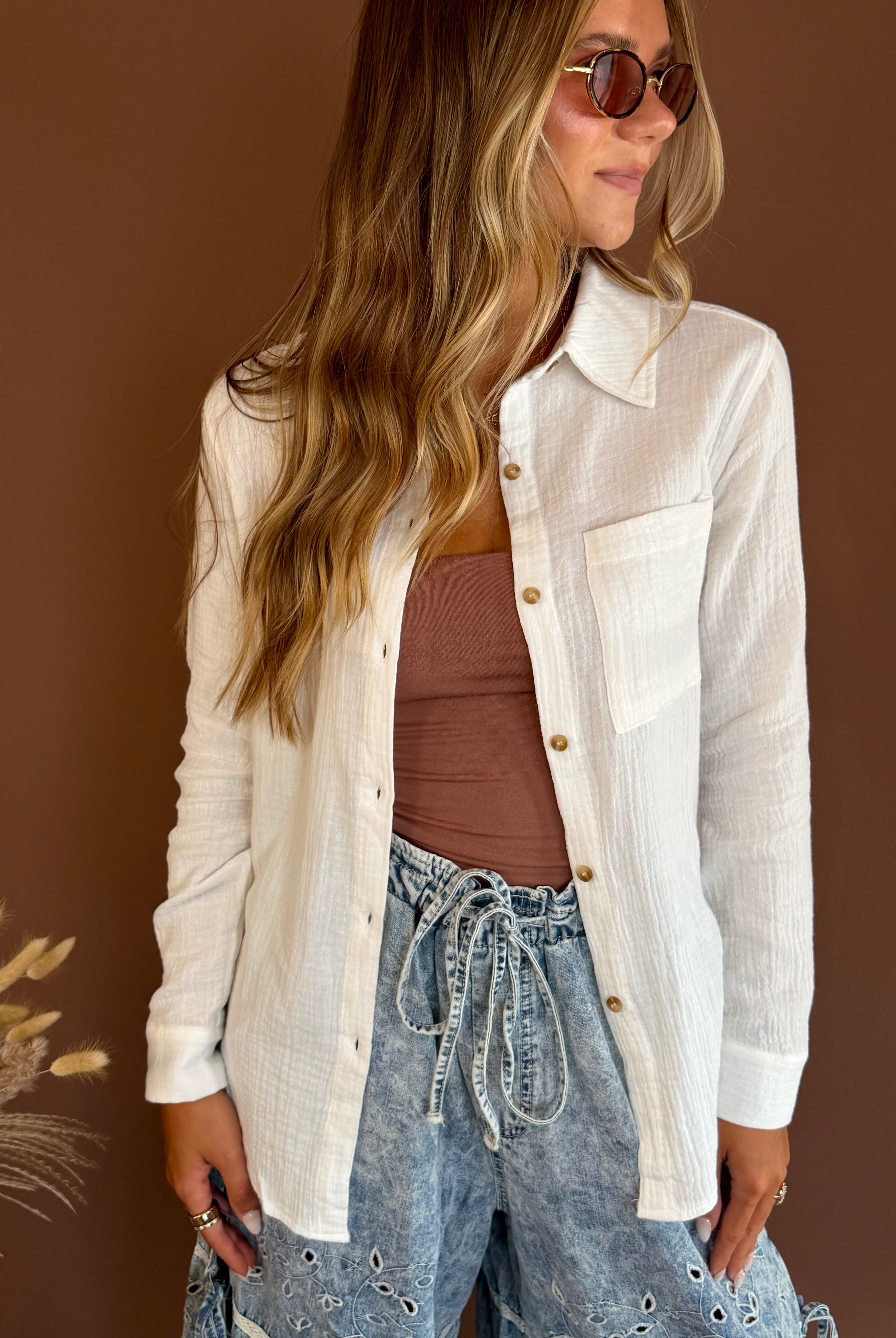 Gauze long sleeves, gauze button ups, white button ups, cover ups, gauze cover ups, white long sleeve