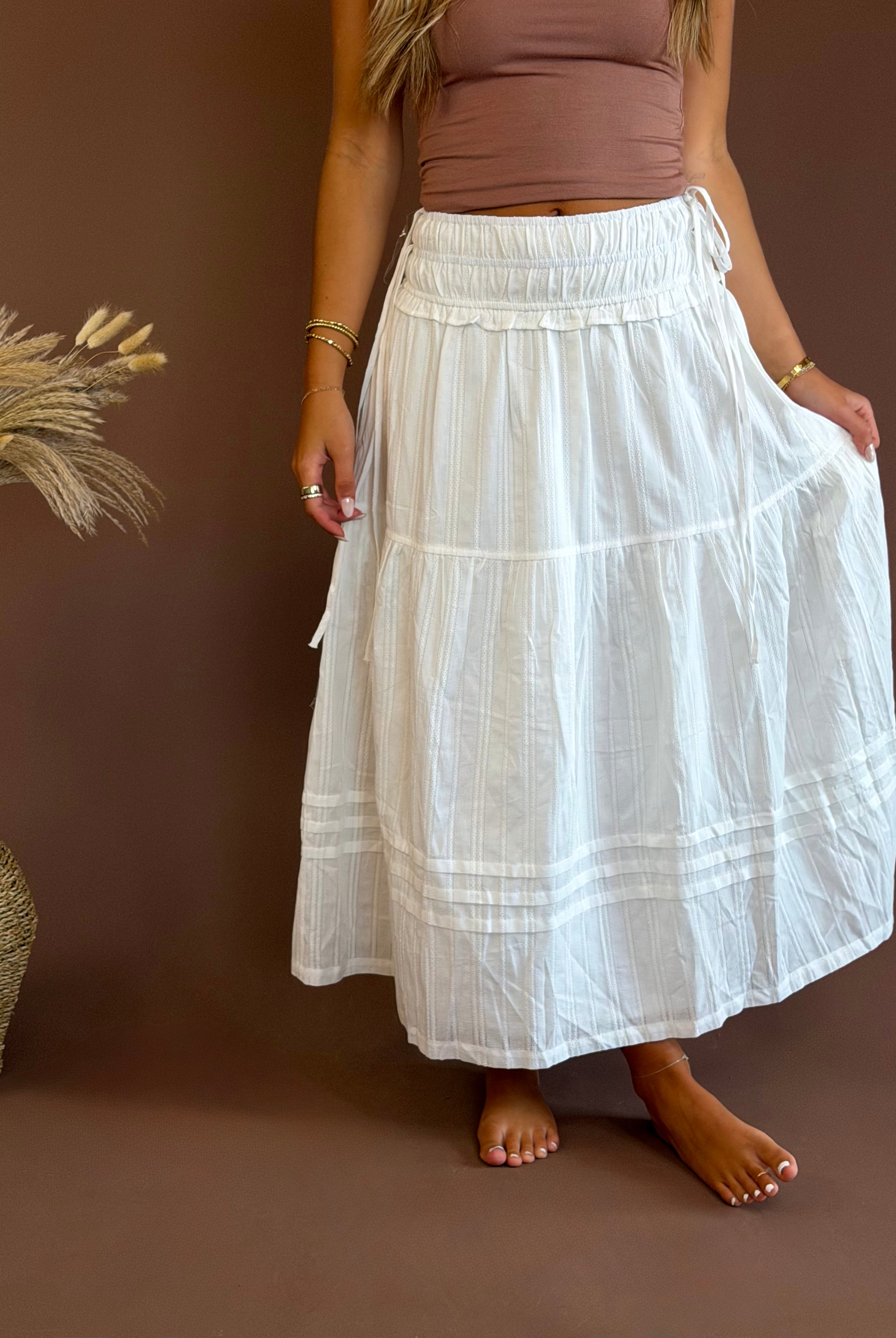 White maxi skirts, maxi skirts, white skirt, smocked skirt, side tie skirt, long skirts, flowy skirts