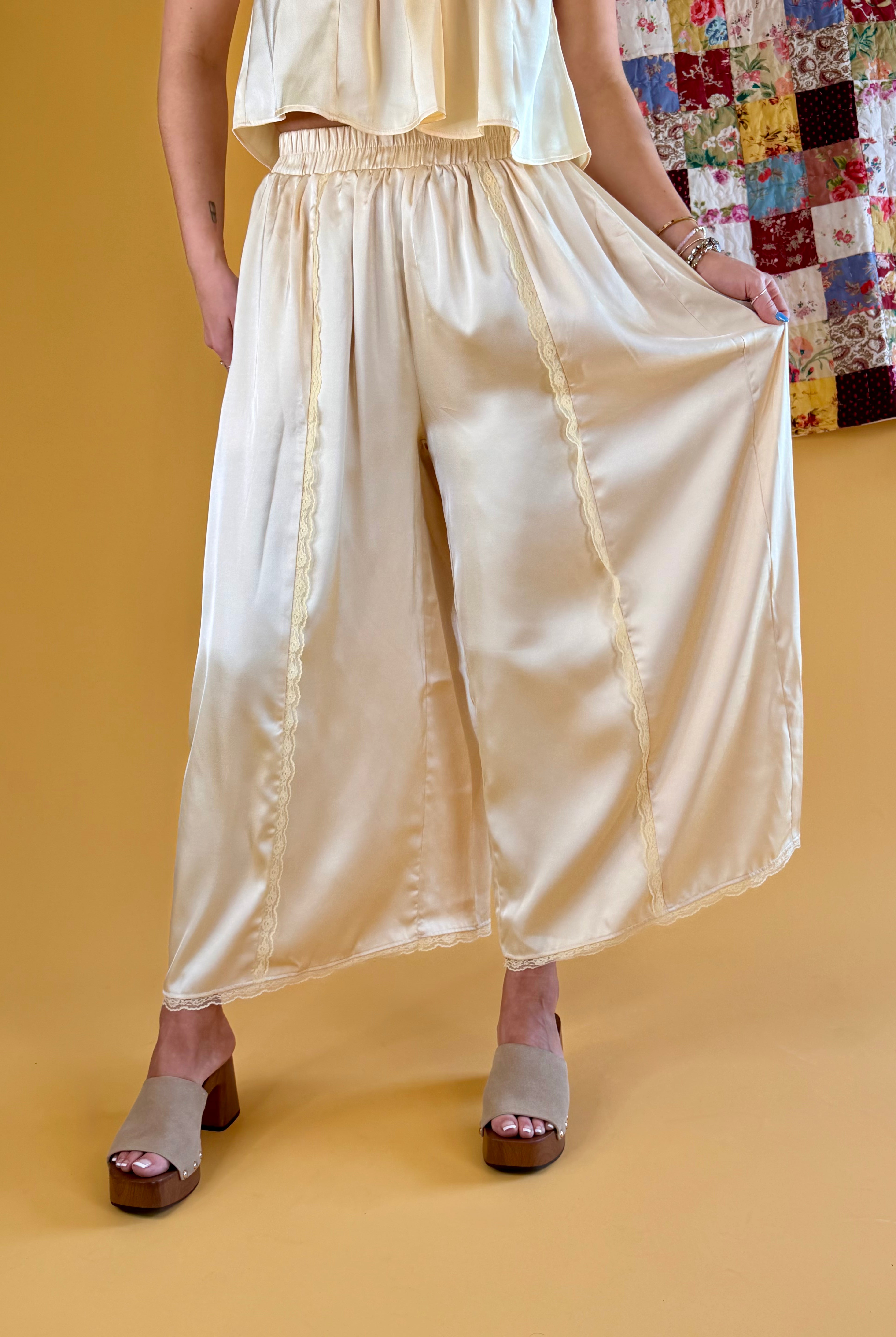 Satin Pants, Yellow Pants, Summer Pants, Wide Pants, Pants With Lace Details, Comfortable Pants
