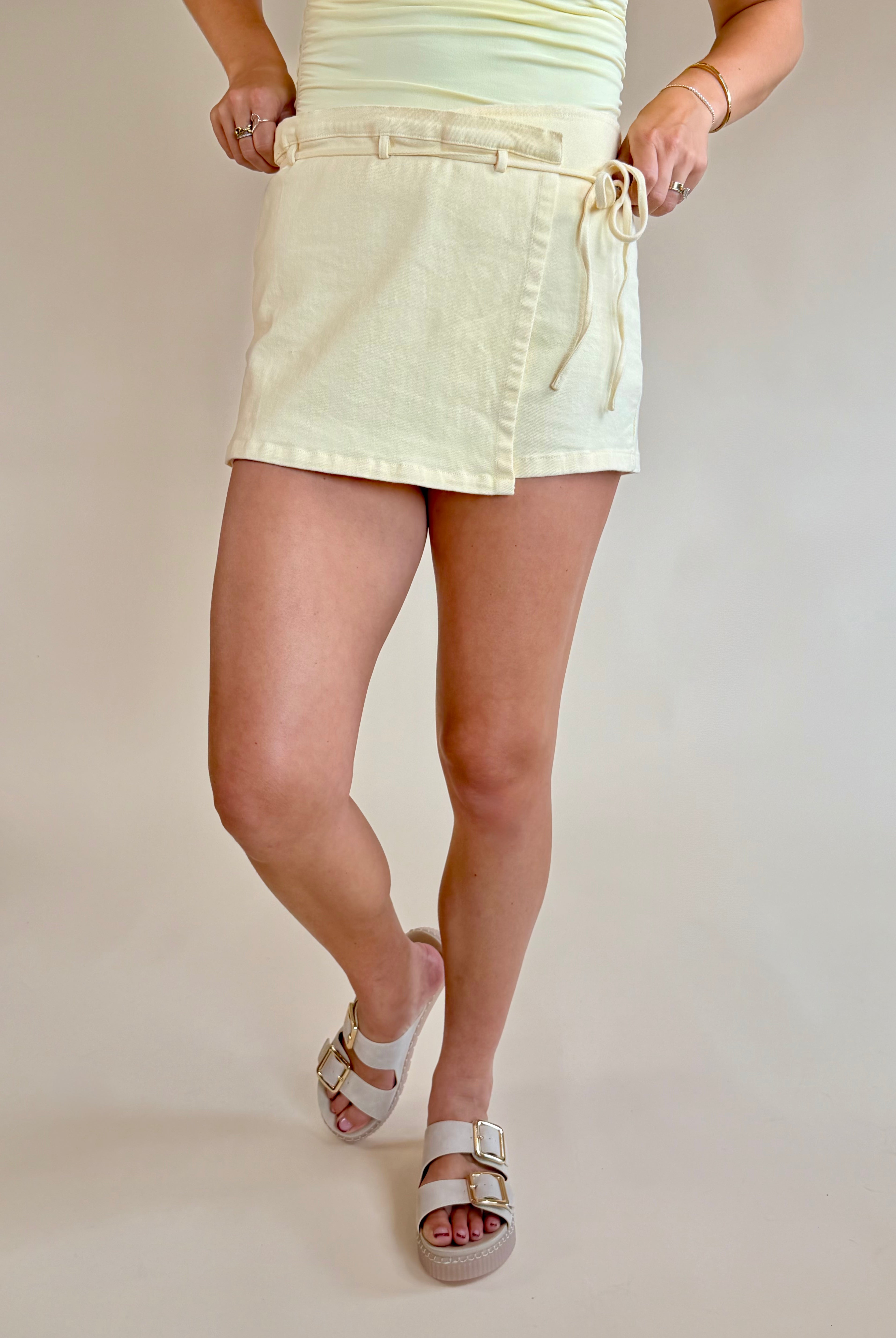 Yellow tie waist skort, summer skirt, pale butter yellow, wrap skirt