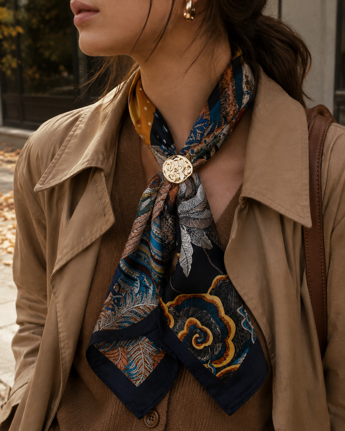 Adjustable Organic Pebble Scarf Necklace featuring a printed scarf with long fabric tails and a sculptural gold-tone pebble slider.