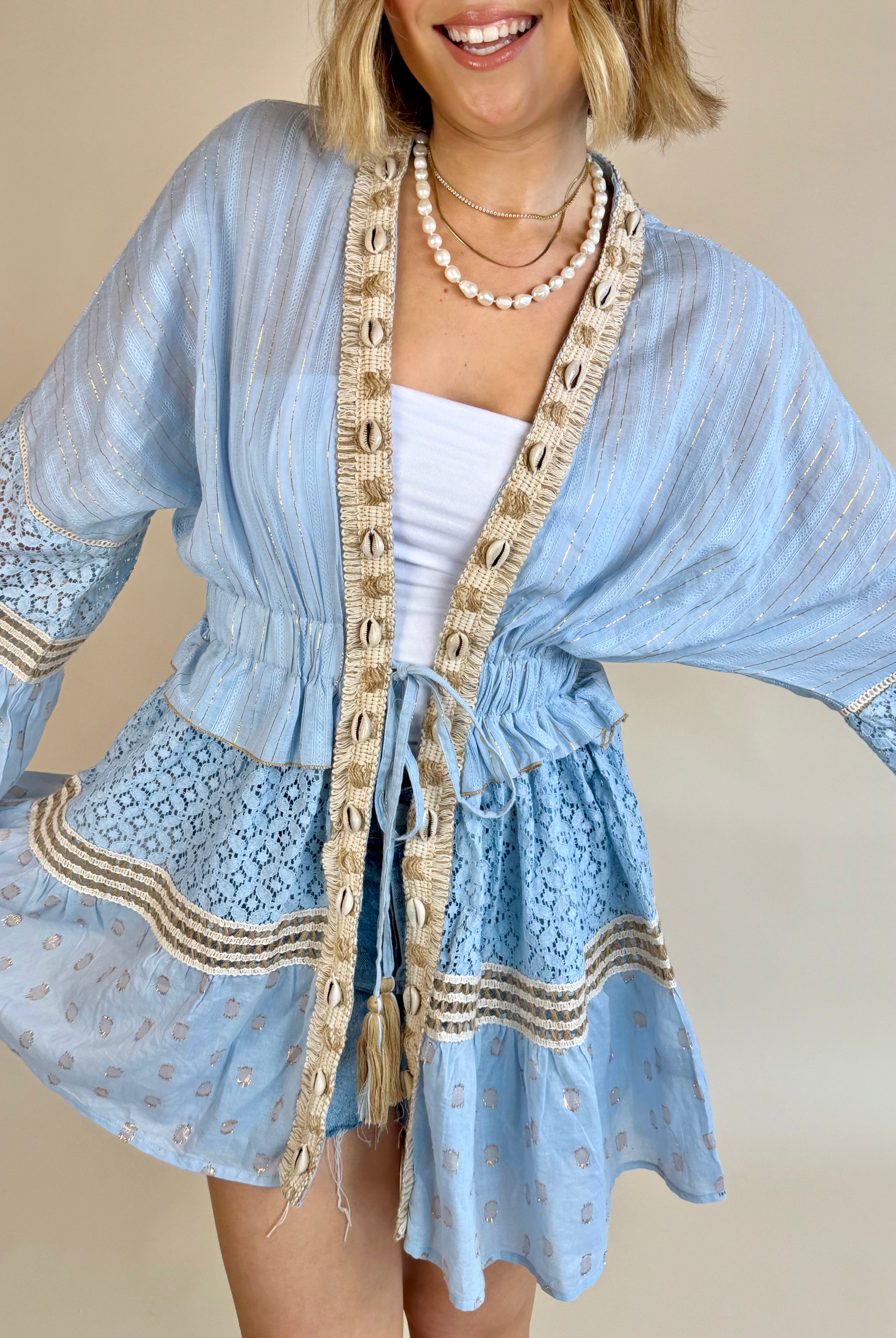 flowy kimono, summer kimono, beach kimono, boho kimono, seashell detail kimono