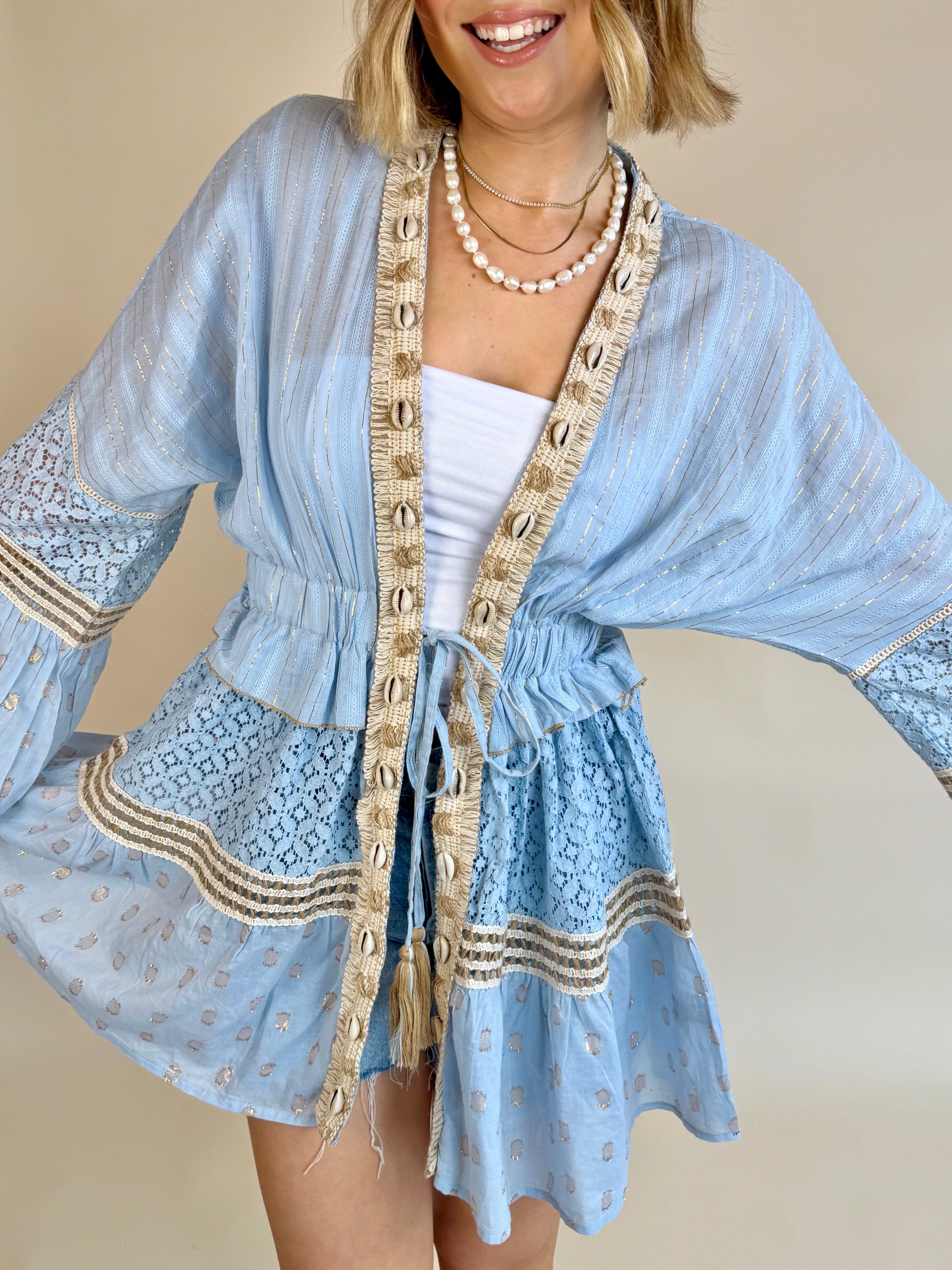 flowy kimono, summer kimono, beach kimono, boho kimono, seashell detail kimono