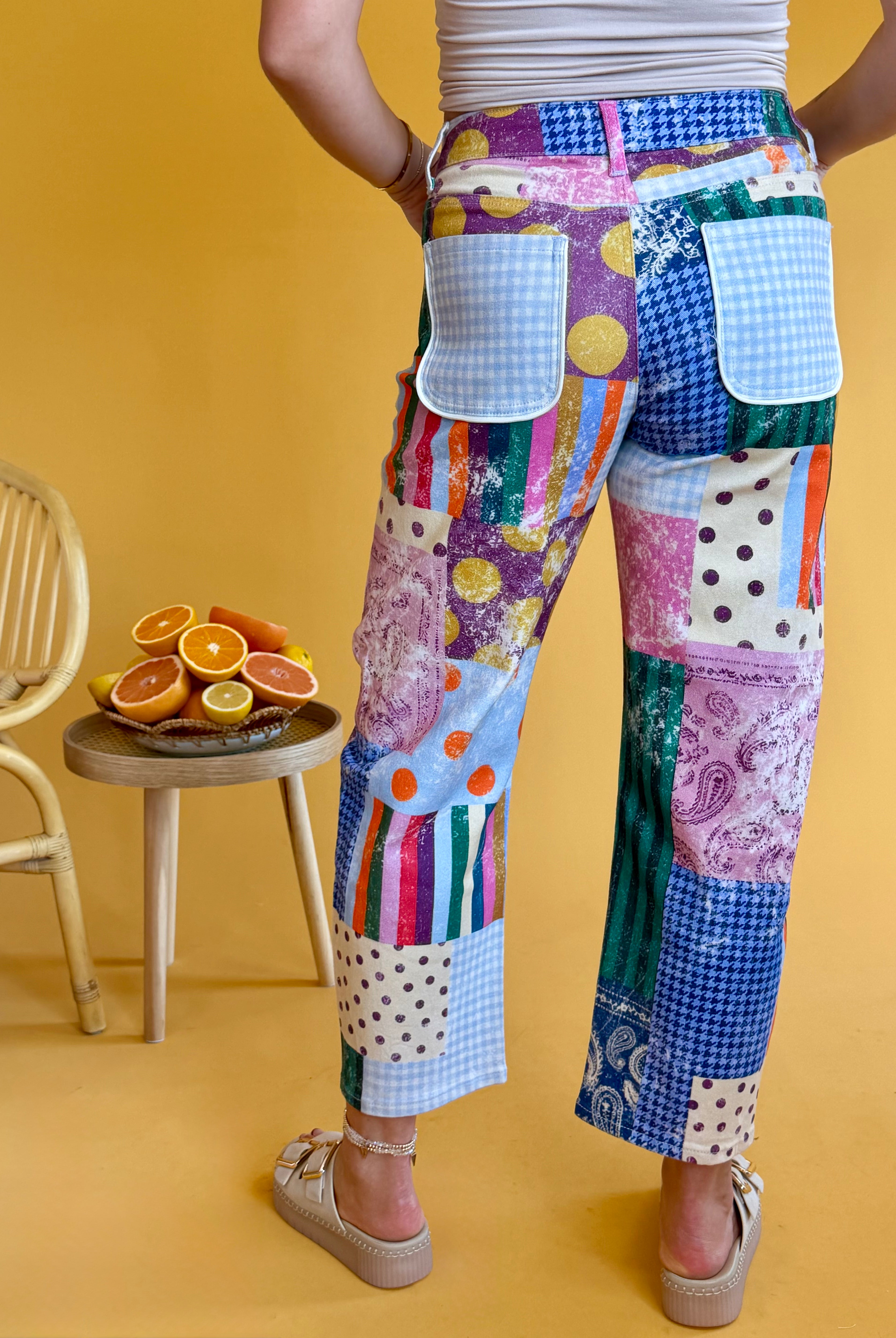 patchwork pants, printed pants, unique style, dopamine dressing, polka dot pants, gingham pants