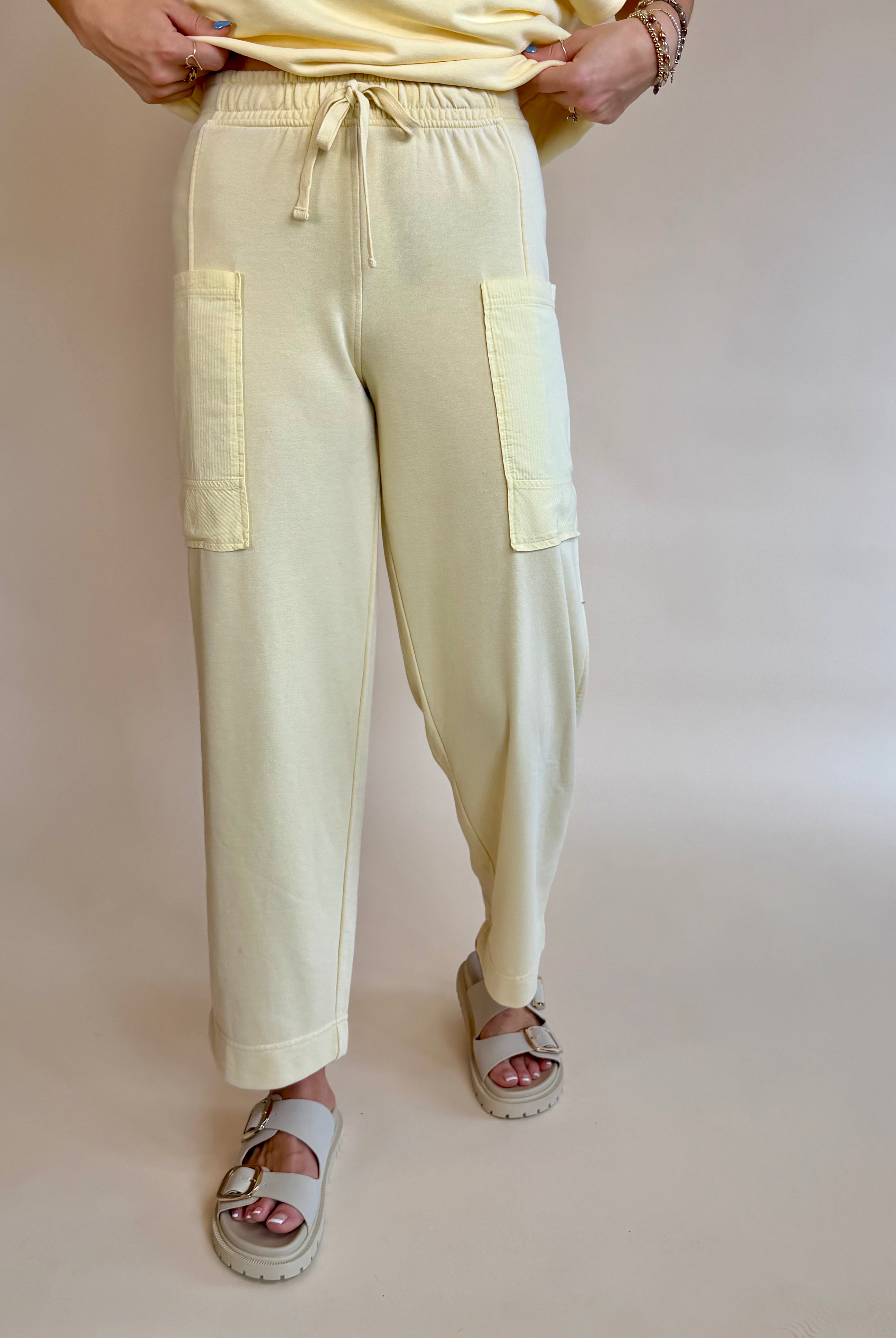 butter yellow pants, summer pants, trendy pants, fashion, boutique, barrel, barrel sweatpants