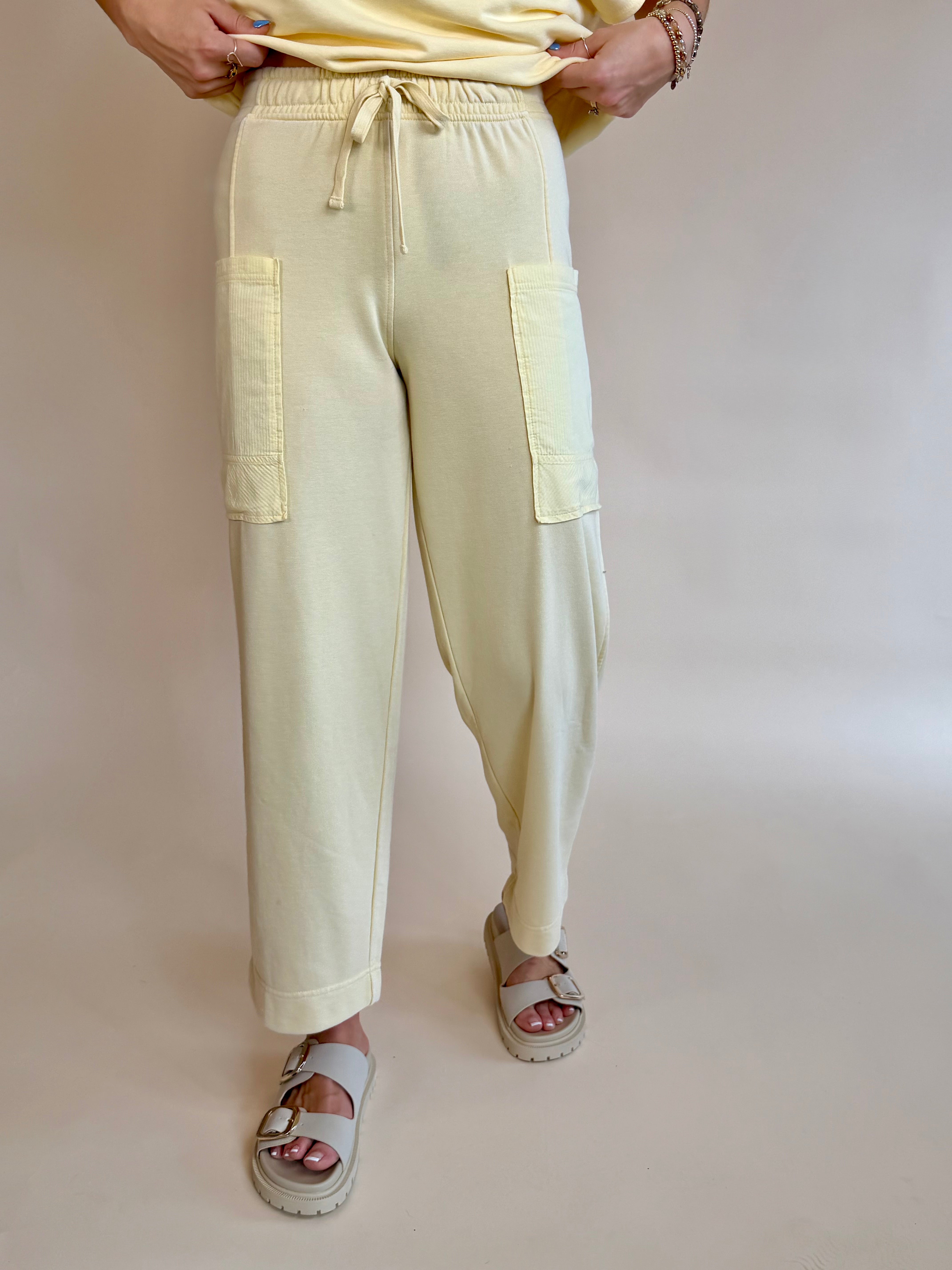 butter yellow pants, summer pants, trendy pants, fashion, boutique, barrel, barrel sweatpants