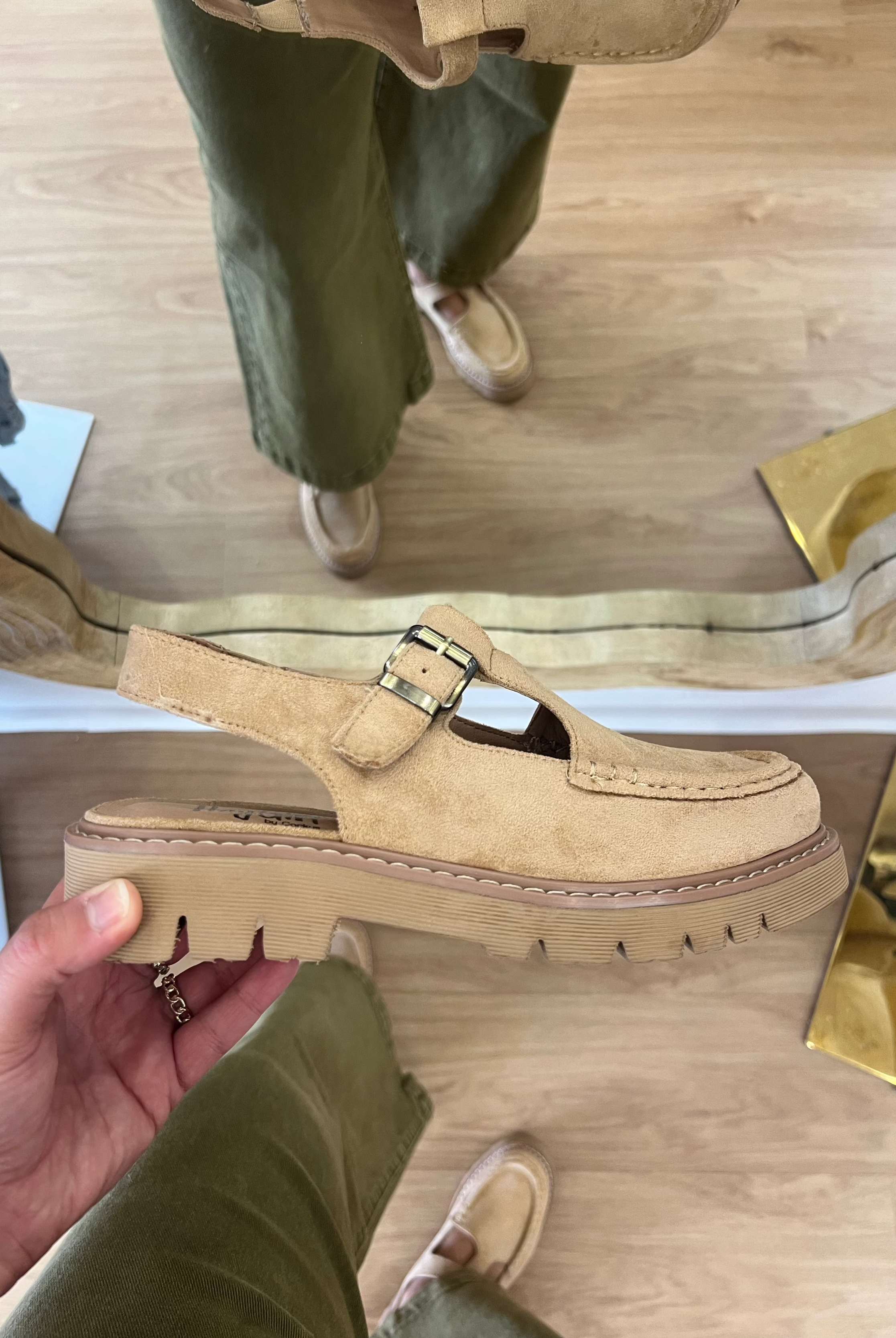 Corky's Make The Cut Loafer Camel featuring camel suede look backless loafer mules with adjustable buckle strap