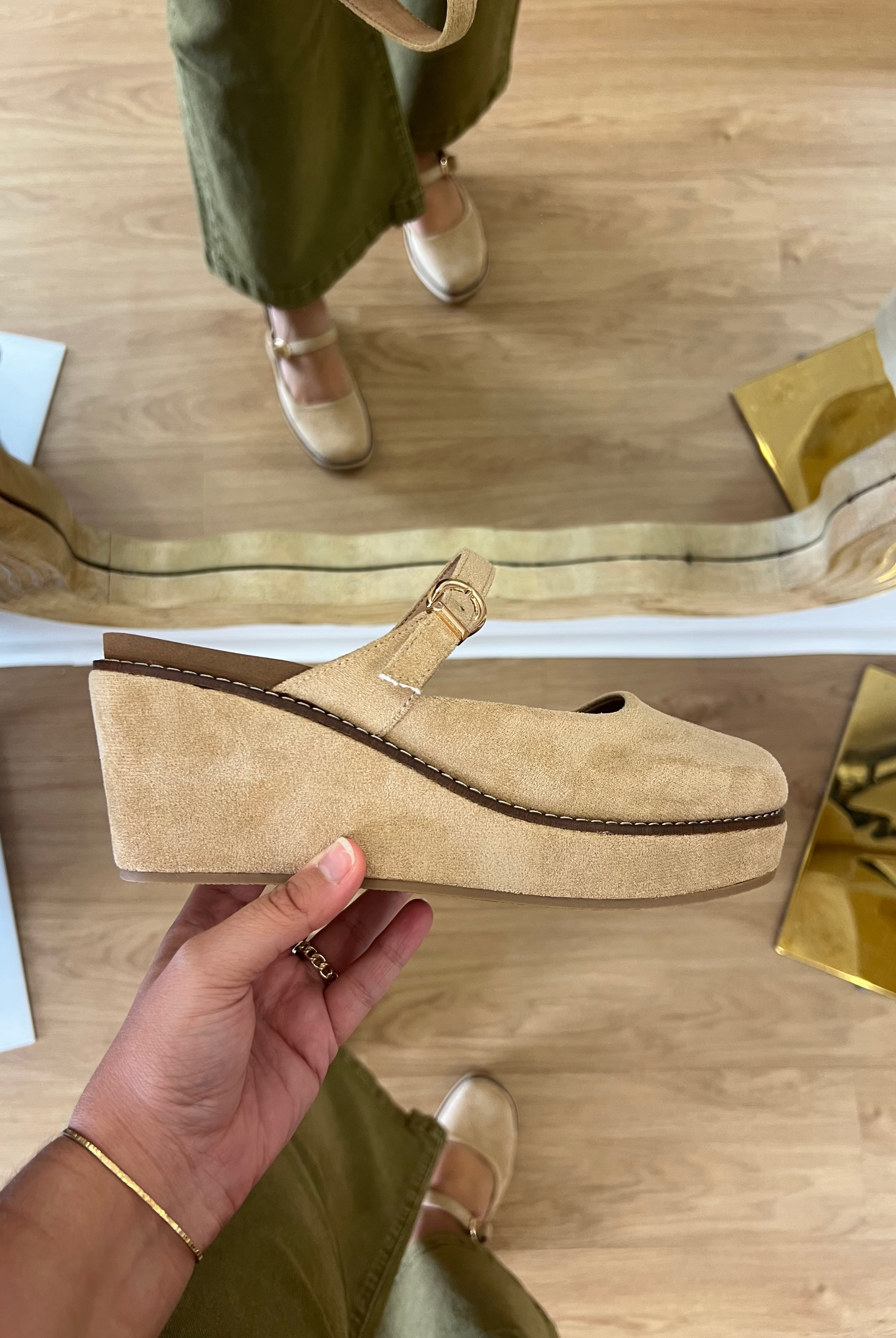 Corky's Me Time Camel Faux Suede featuring camel faux suede platform wedge shoes with Mary Jane inspired strap