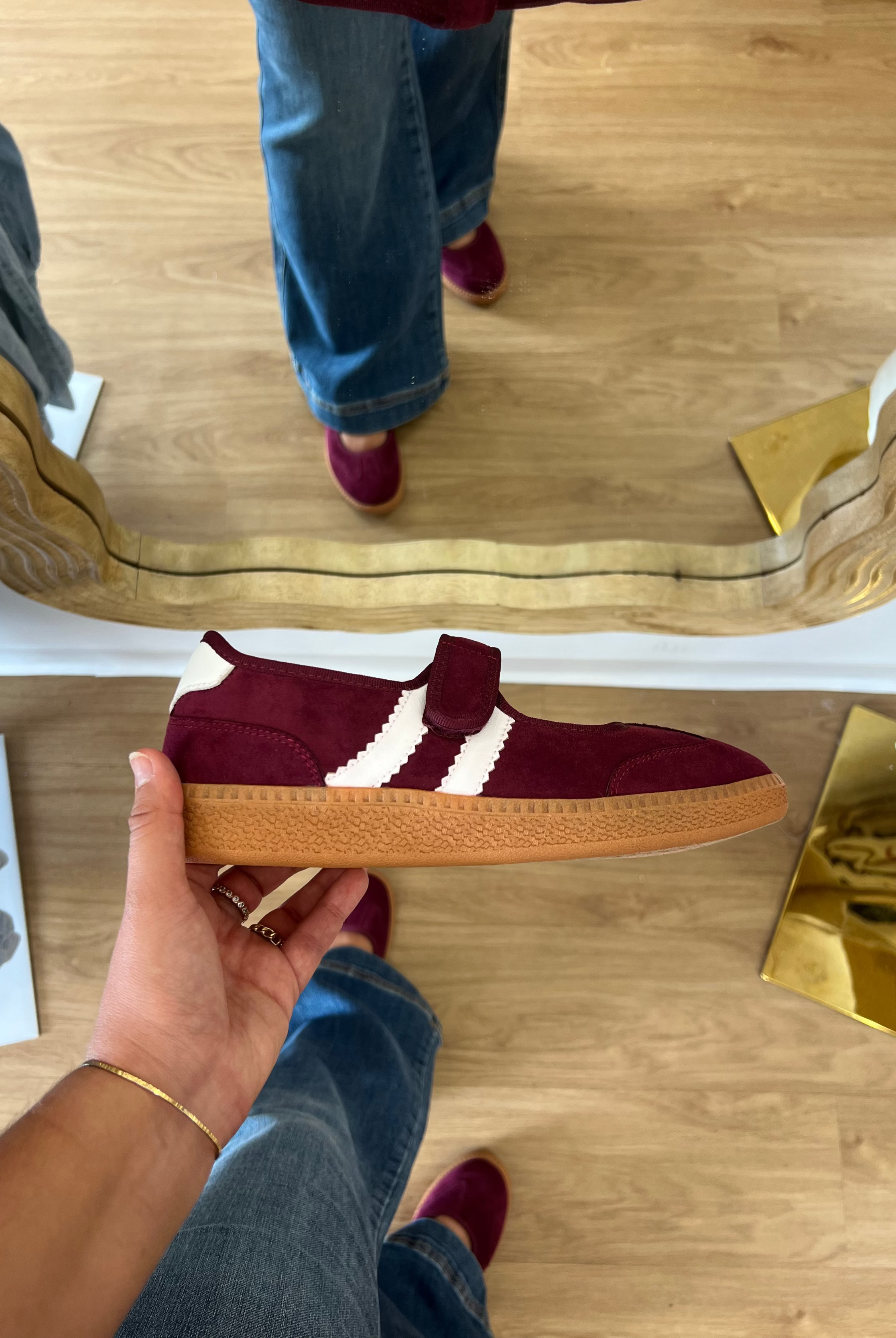 Corky’s Calm Down women’s wine Mary Jane sneakers with an adjustable top strap, cream side stripes, cushioned footbed, and gum soles
