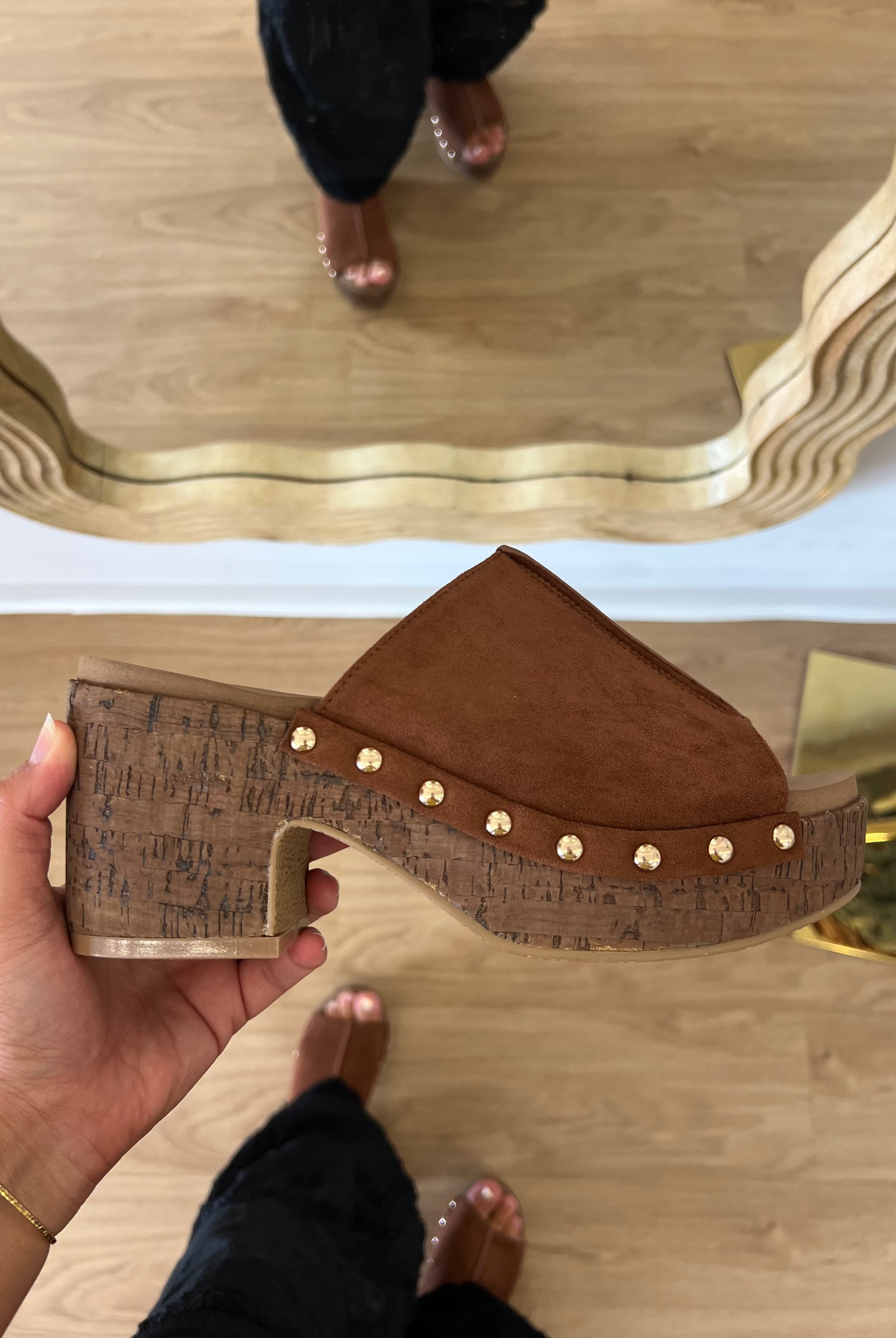 Corky’s Chestnut Gaslight women’s suede platform wedges with an open toe, chunky cork heel, and gold stud embellishments.