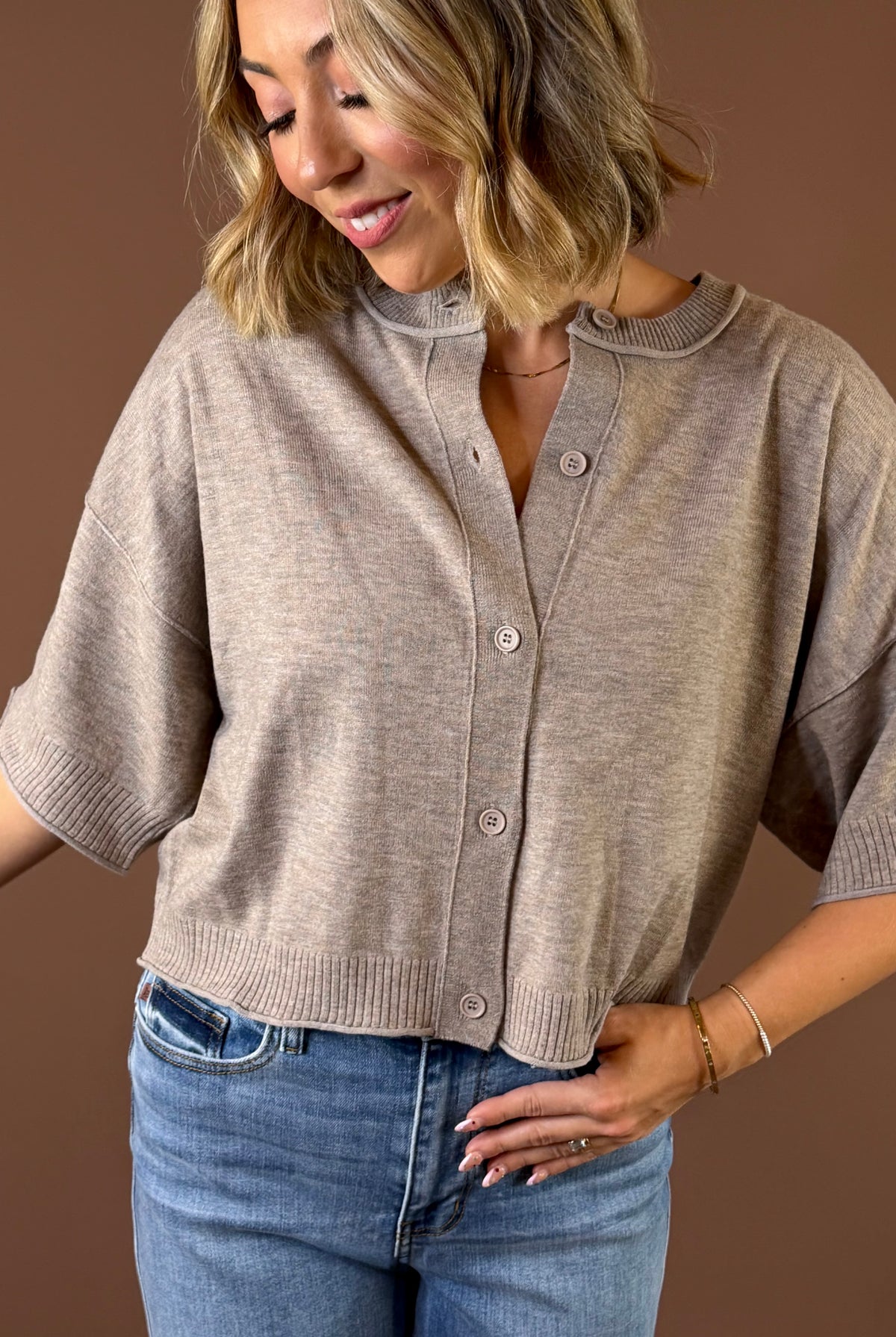Easy Does It Short Sleeve Cardigan Peanut featuring peanut brown short sleeve cardigan with round neckline and rolled edges