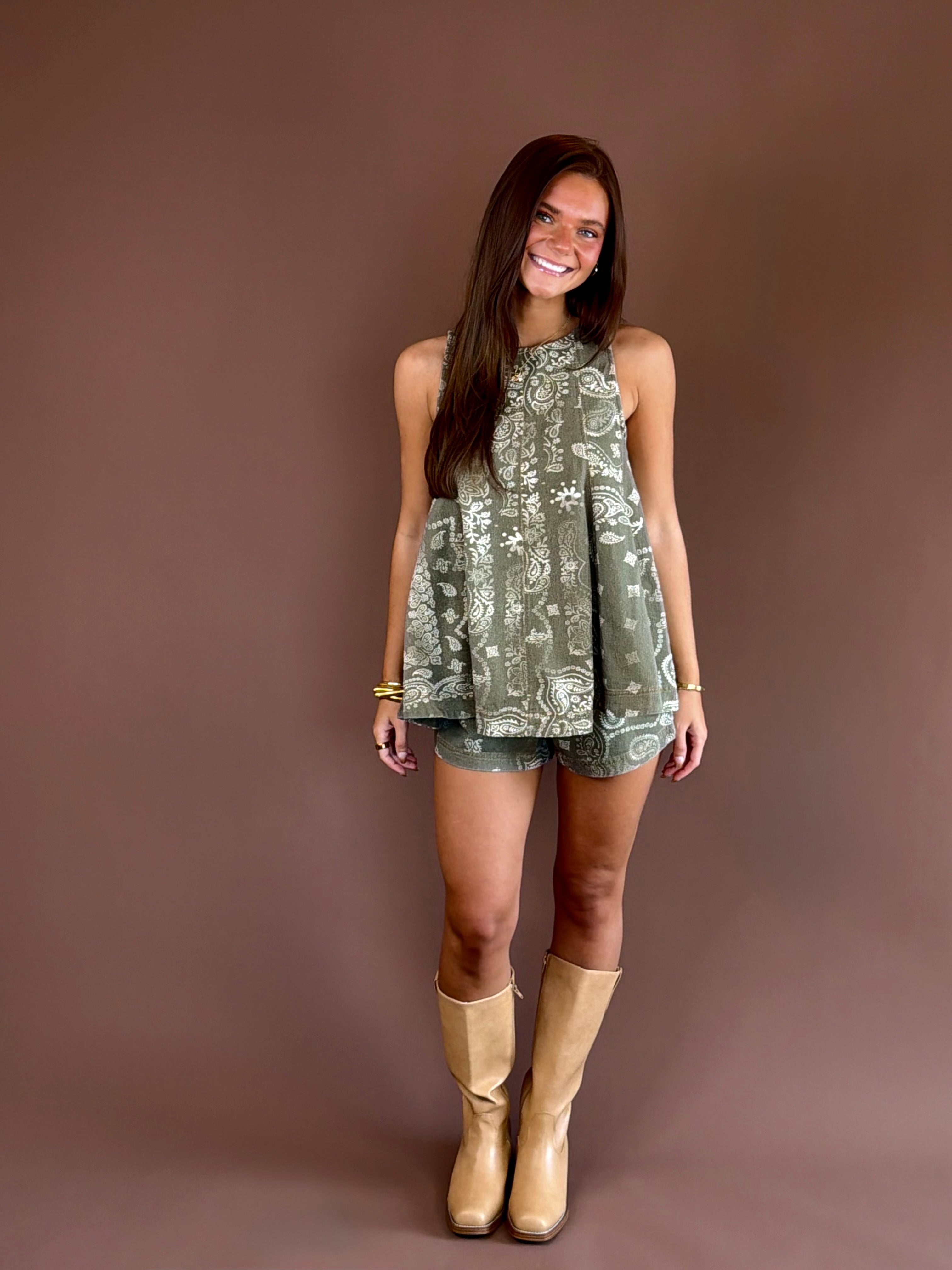 Army green vintage-wash paisley tank top with wide straps and a loose swing silhouette.