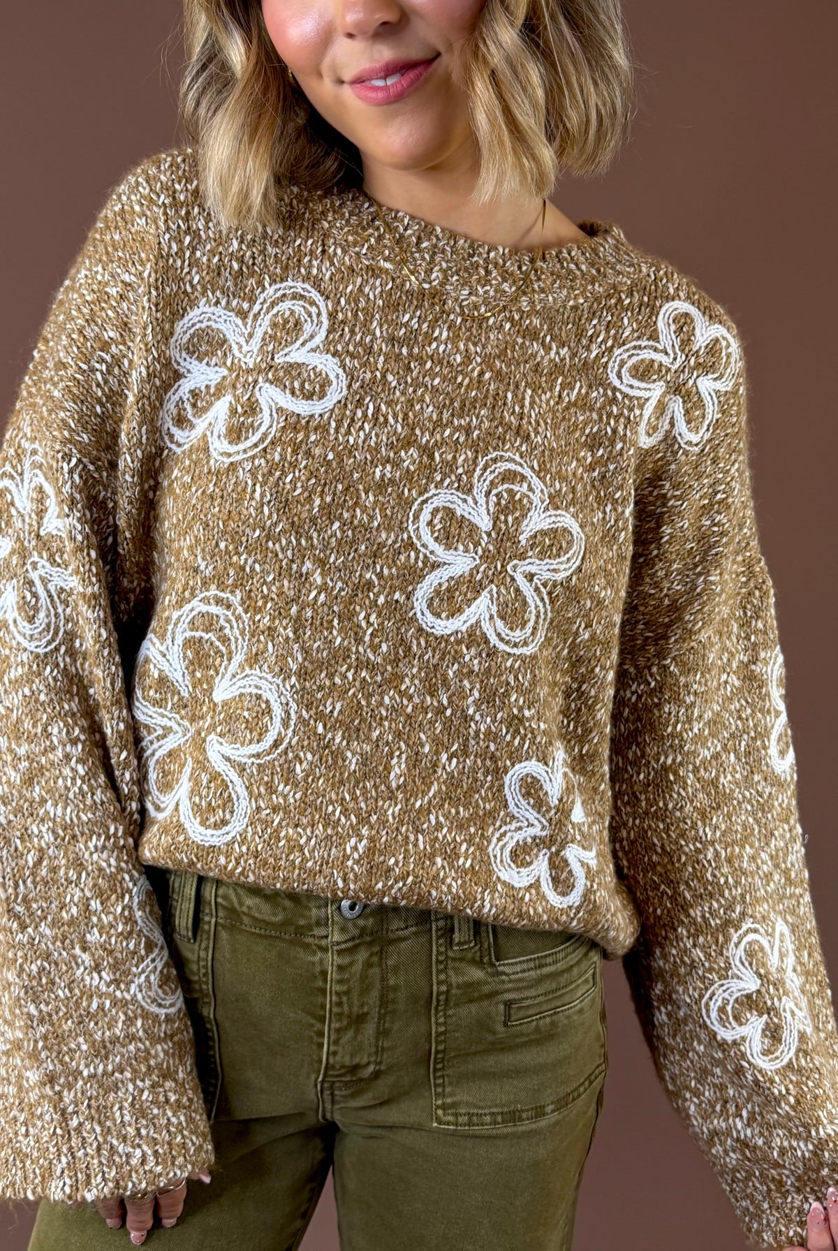 Flower Child Knit Speckled Sweater Camel featuring camel speckled knit sweater with oversized contrast flowers