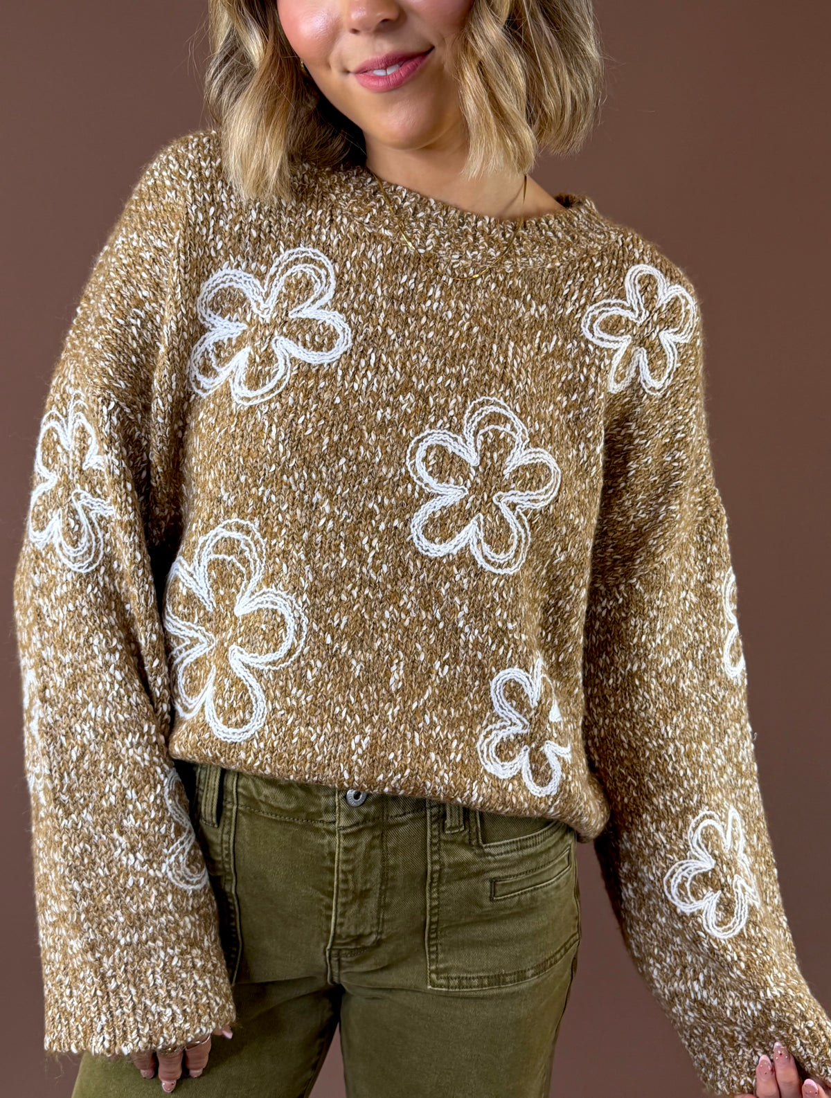 Flower Child Knit Speckled Sweater Camel featuring camel speckled knit sweater with oversized contrast flowers