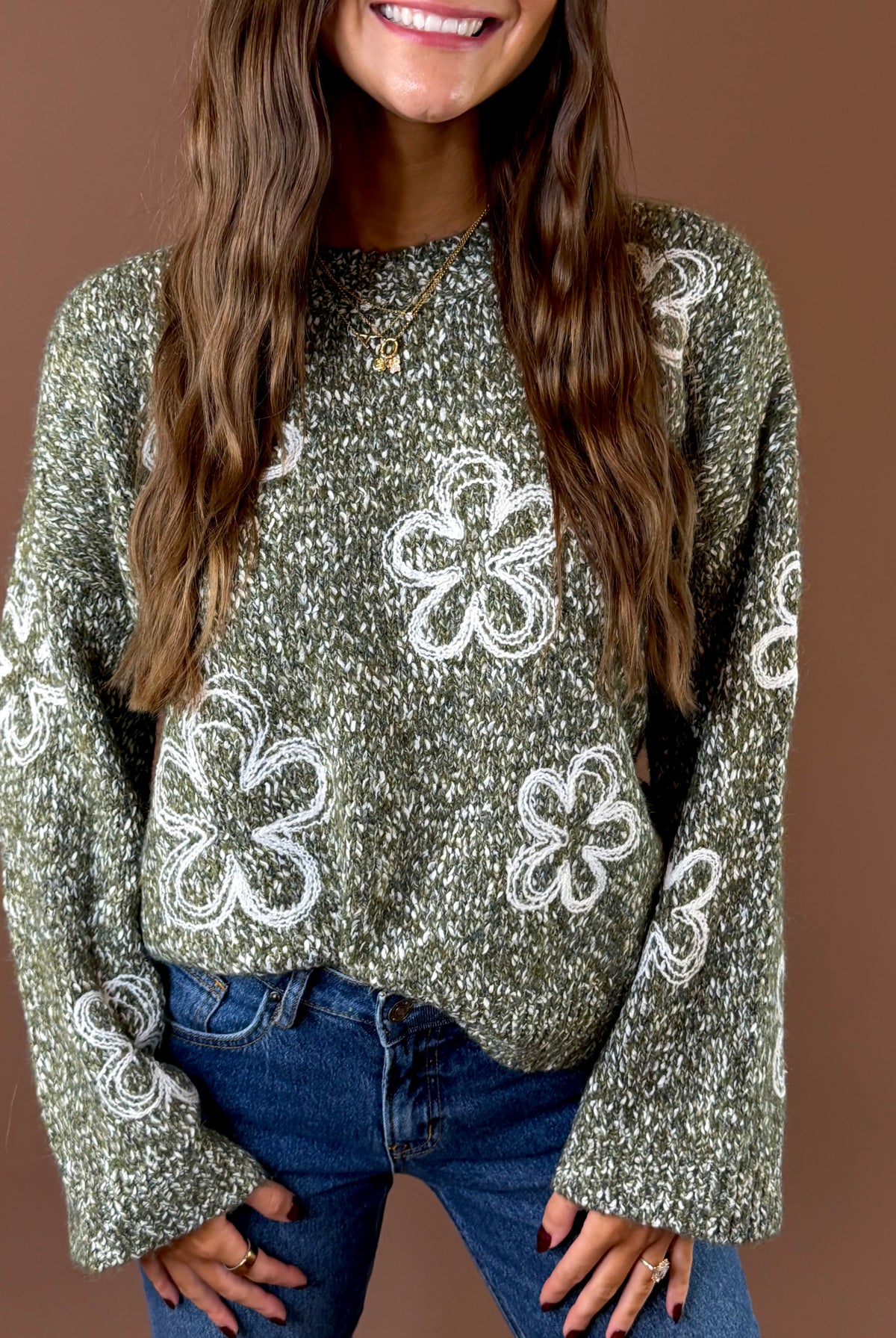 Flower Child Knit Speckled Sweater Olive featuring olive speckled knit sweater with oversized contrast flowers