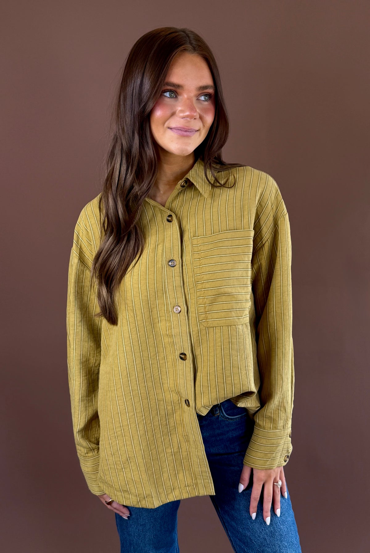 Golden Hour women’s golden kiwi striped woven button-up shirt with a pointed collar, long sleeves, and a relaxed everyday fit