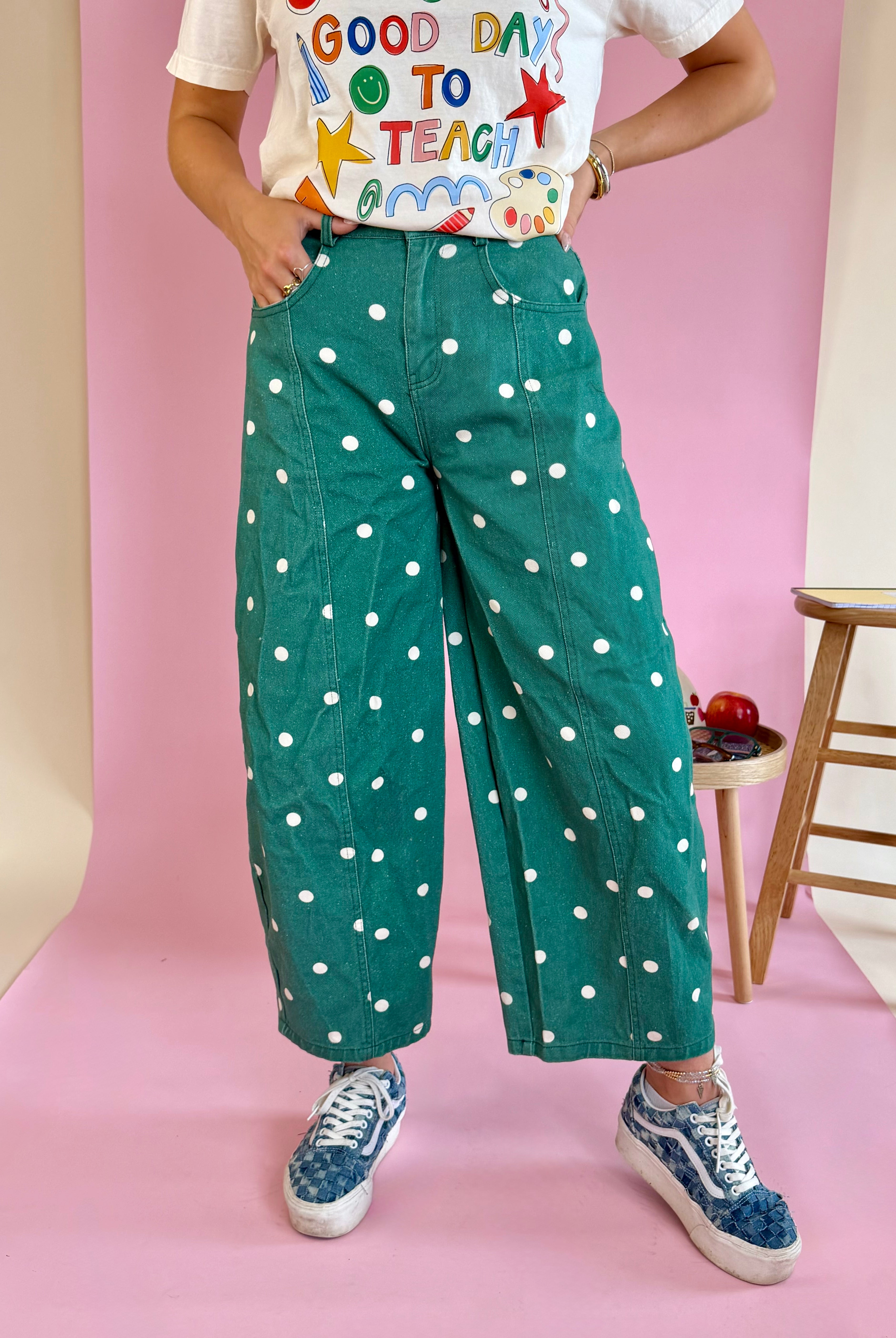 Polkadot, polka dot clothes, white polka dot clothes, green pants, green barrel pants, green and white polka dot pants, ants, cool pants, ootd,outfit ideas, fit ideas, barrel pants, green barrel pants, boutique, clothes