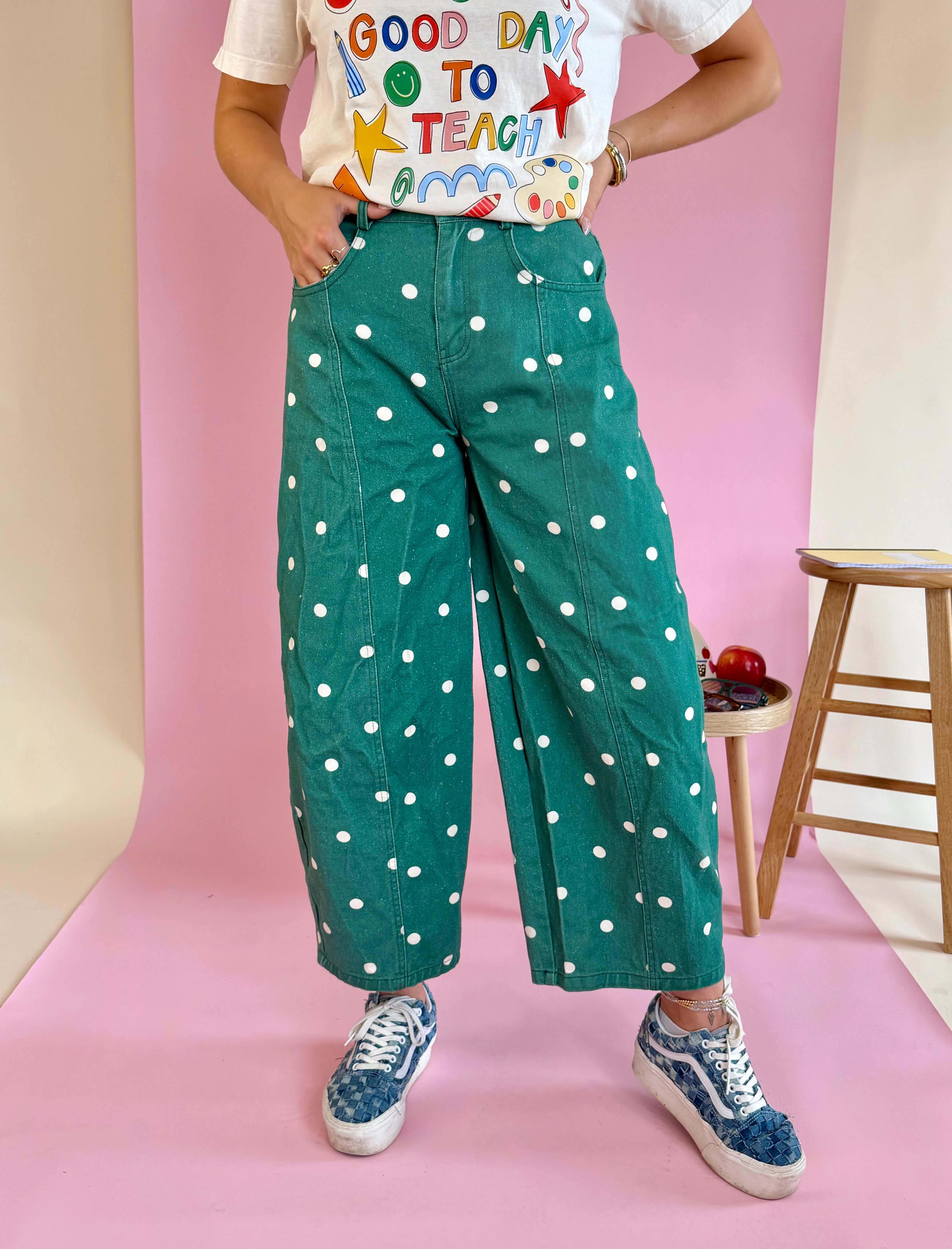 Polkadot, polka dot clothes, white polka dot clothes, green pants, green barrel pants, green and white polka dot pants, ants, cool pants, ootd,outfit ideas, fit ideas, barrel pants, green barrel pants, boutique, clothes