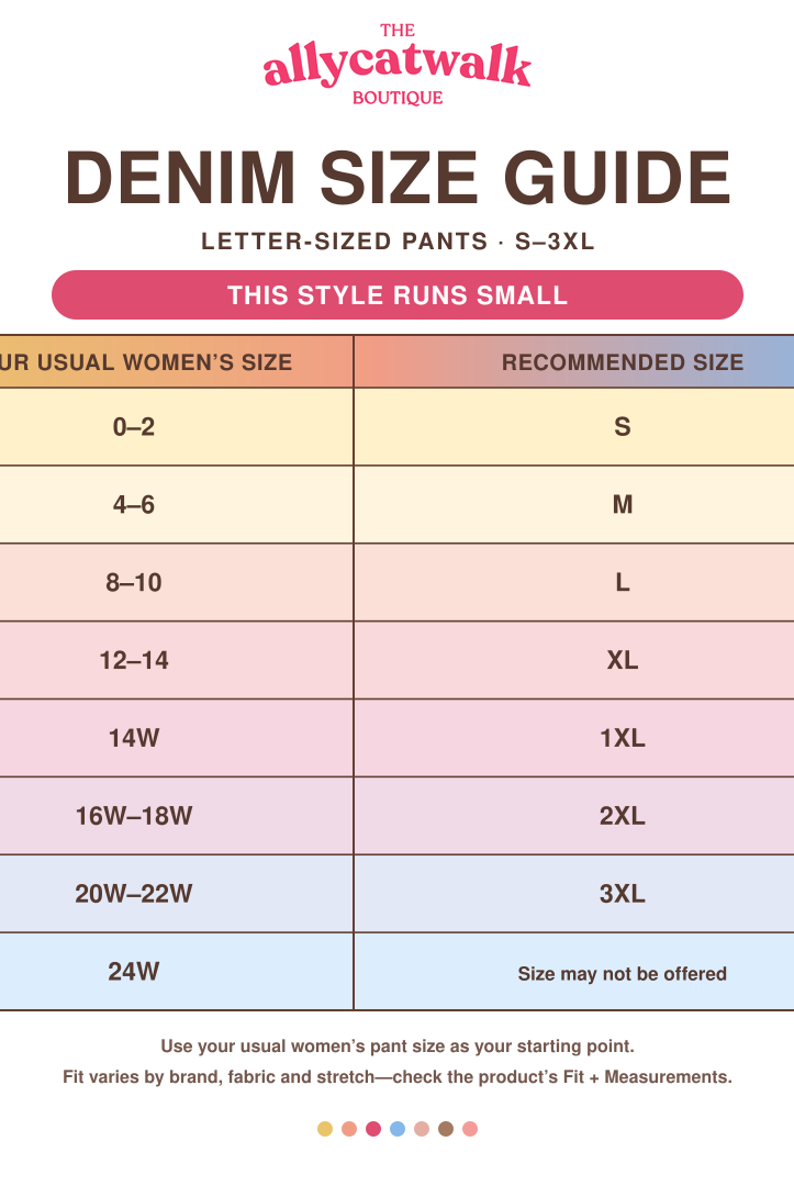 Stevie Denim Barrel Jogger runs-small women’s letter-sized pants conversion chart with regular and plus sizes