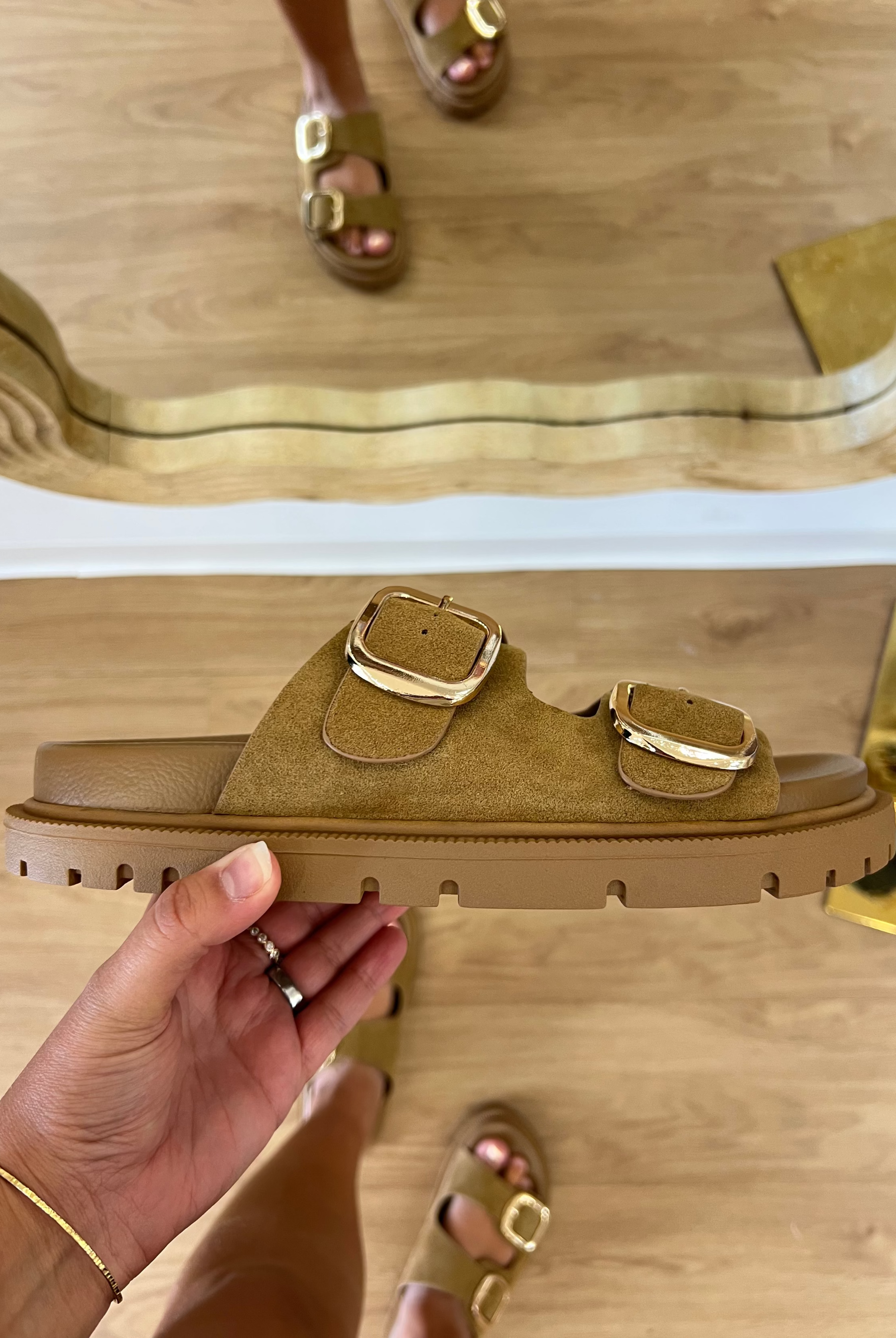 Tan recycled-suede slide sandals with two adjustable buckle straps and a cushioned footbed by MIA.