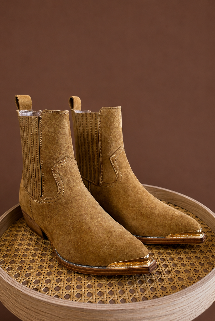 MIA Radley women’s tan recycled-suede ankle boots with a pointed toe, low heel, and polished gold pleated toe detail.