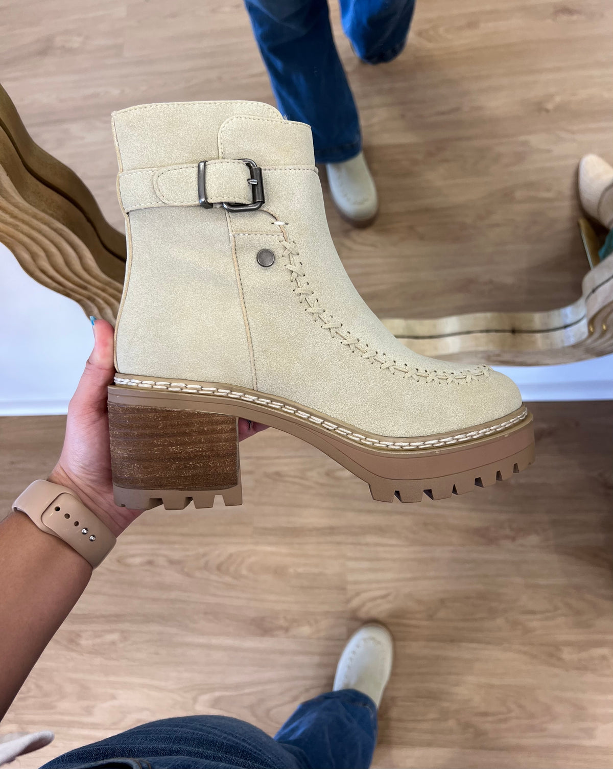 MIA Toula women's ecru faux-suede boot with a buckle accent, shaft zipper, chunky stacked heel, and platform lug sole.