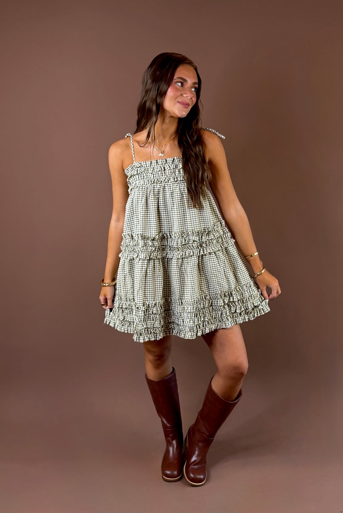 Olive You More Gingham Mini Dress featuring olive and cream gingham mini dress with square neckline and tiered ruffles