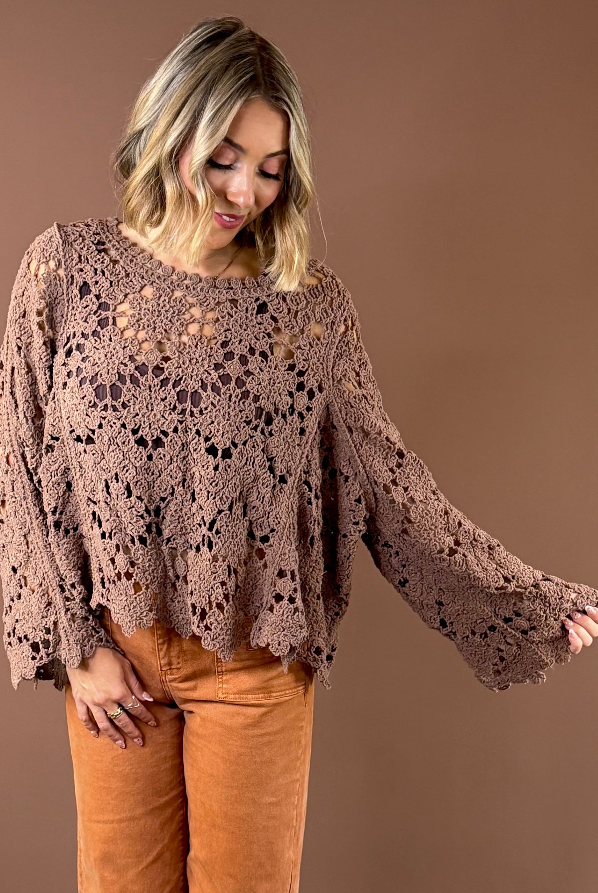 POL Cocoa Coast Open-Knit Sweater featuring chocolate brown open knit chenille sweater with flared sleeves and scalloped edges